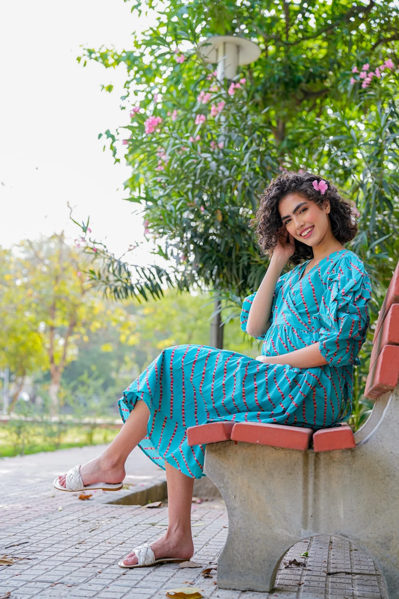 Charming Cerulean Blue Maternity & Nursing Frill Wrap Dress (100% Cotton) - Chenance