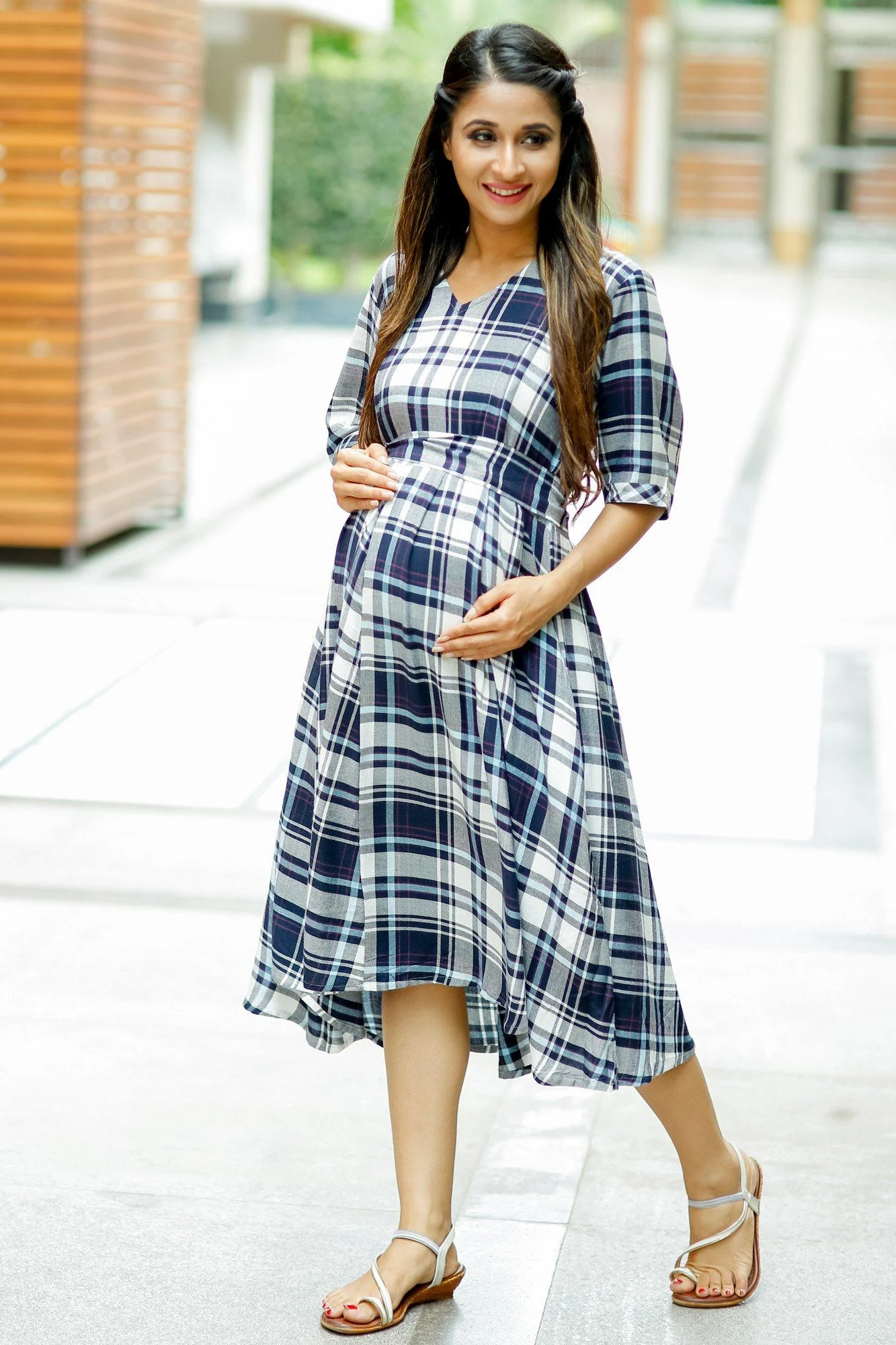 Royal Navy Plaid Concealed Zips Maternity and Nursing Dress - Chenance