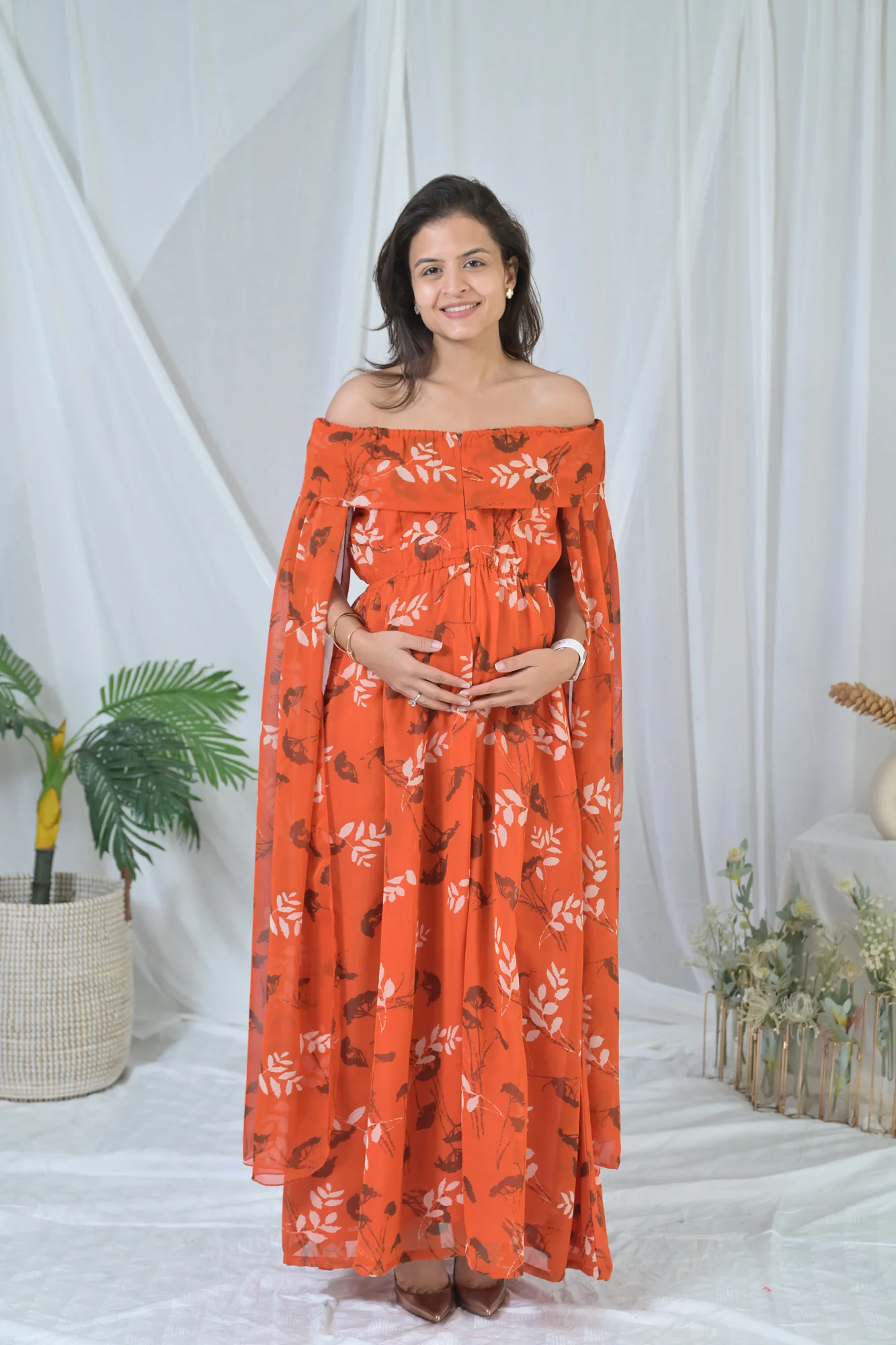 Elegant Rust Floral Butterflying Sleeves Maternity & Nursing Dress - Chenance