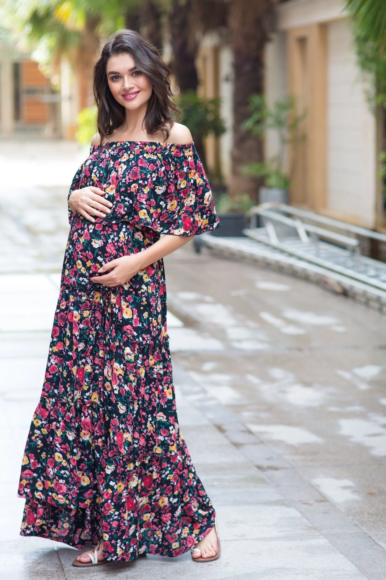 Midnight Blossom Off-Shoulder Maternity Maxi Dress - Chenance