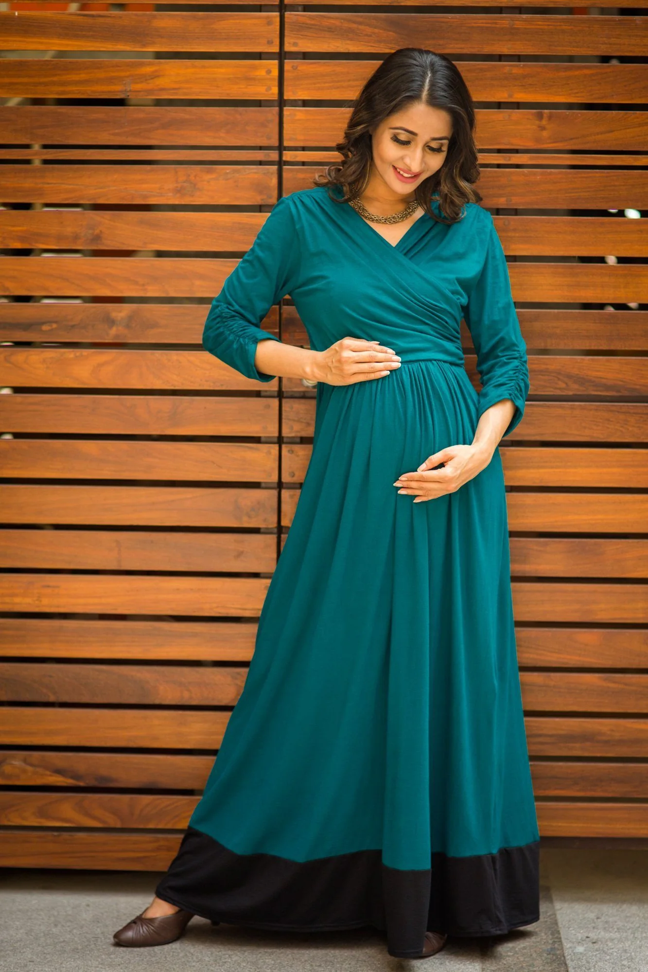 Elegant Teal Front Wrap Maternity & Nursing Dress - Chenance