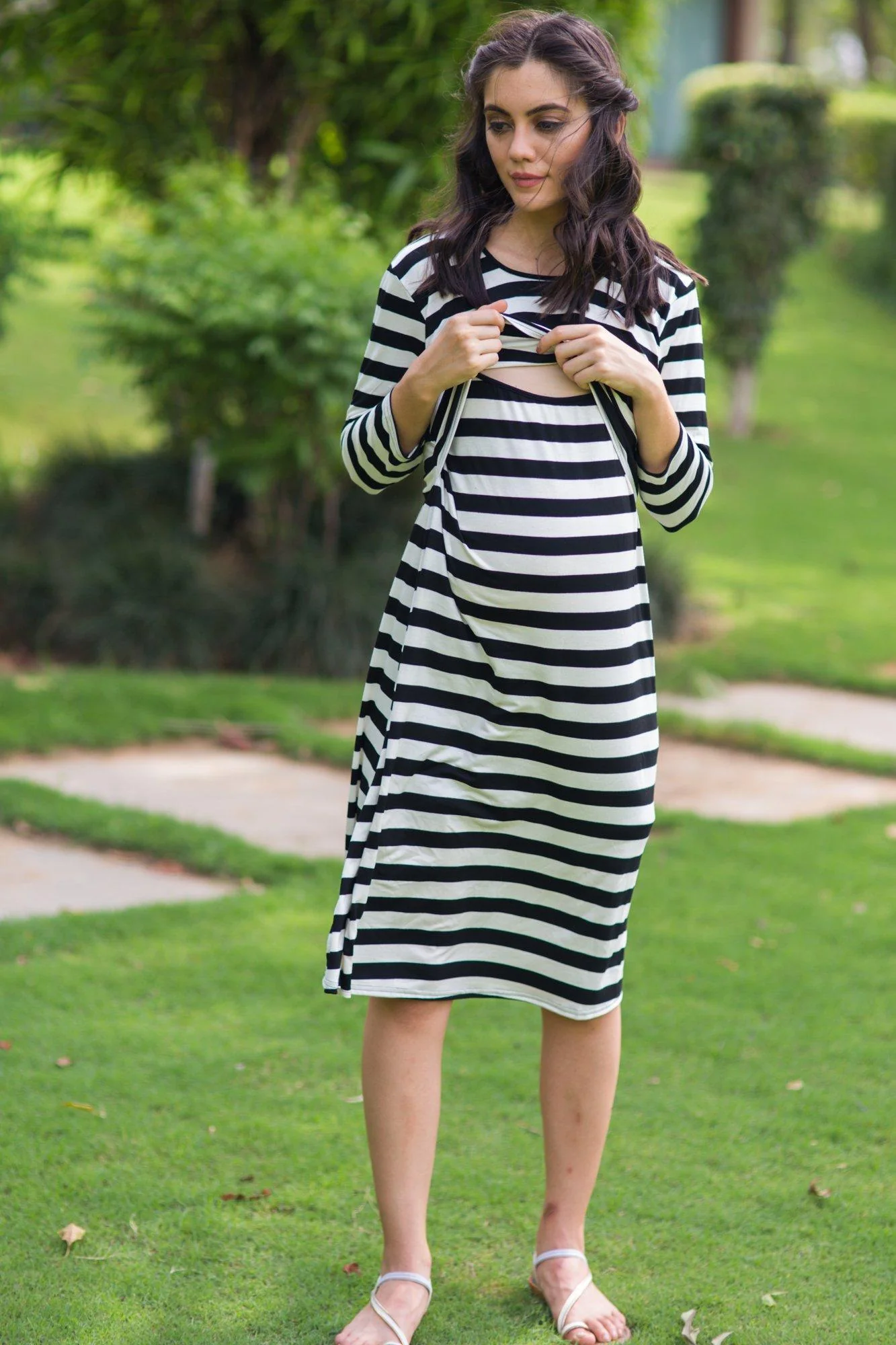 Elegant Royal Striped Maternity & Nursing Dress - Chenance