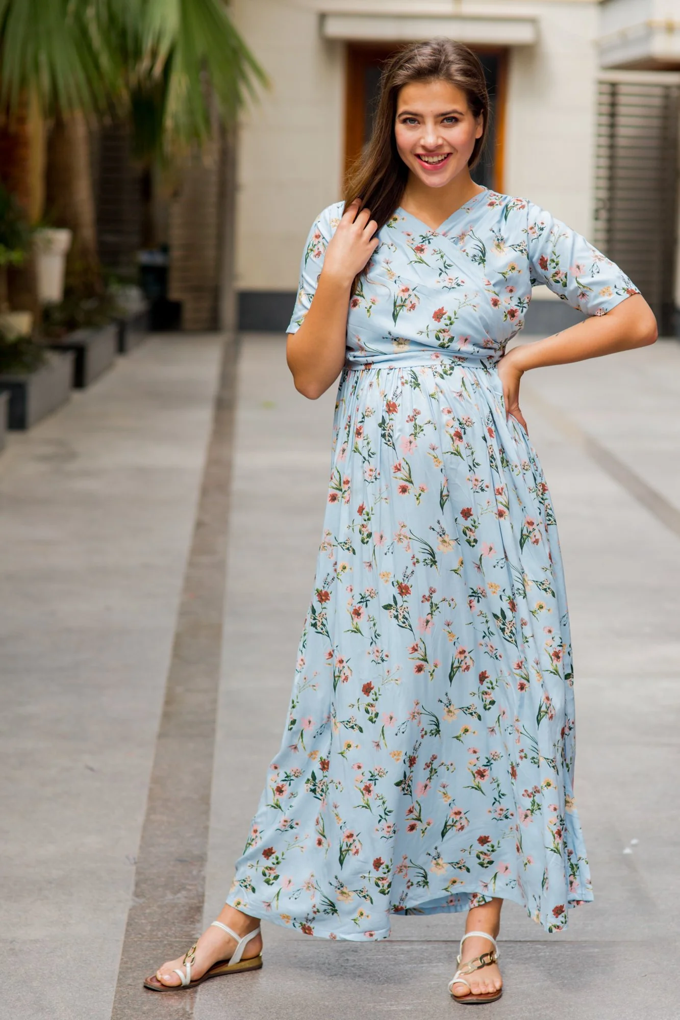 Pastel Blue Blossom Maternity & Nursing Wrap Dress - Chenance