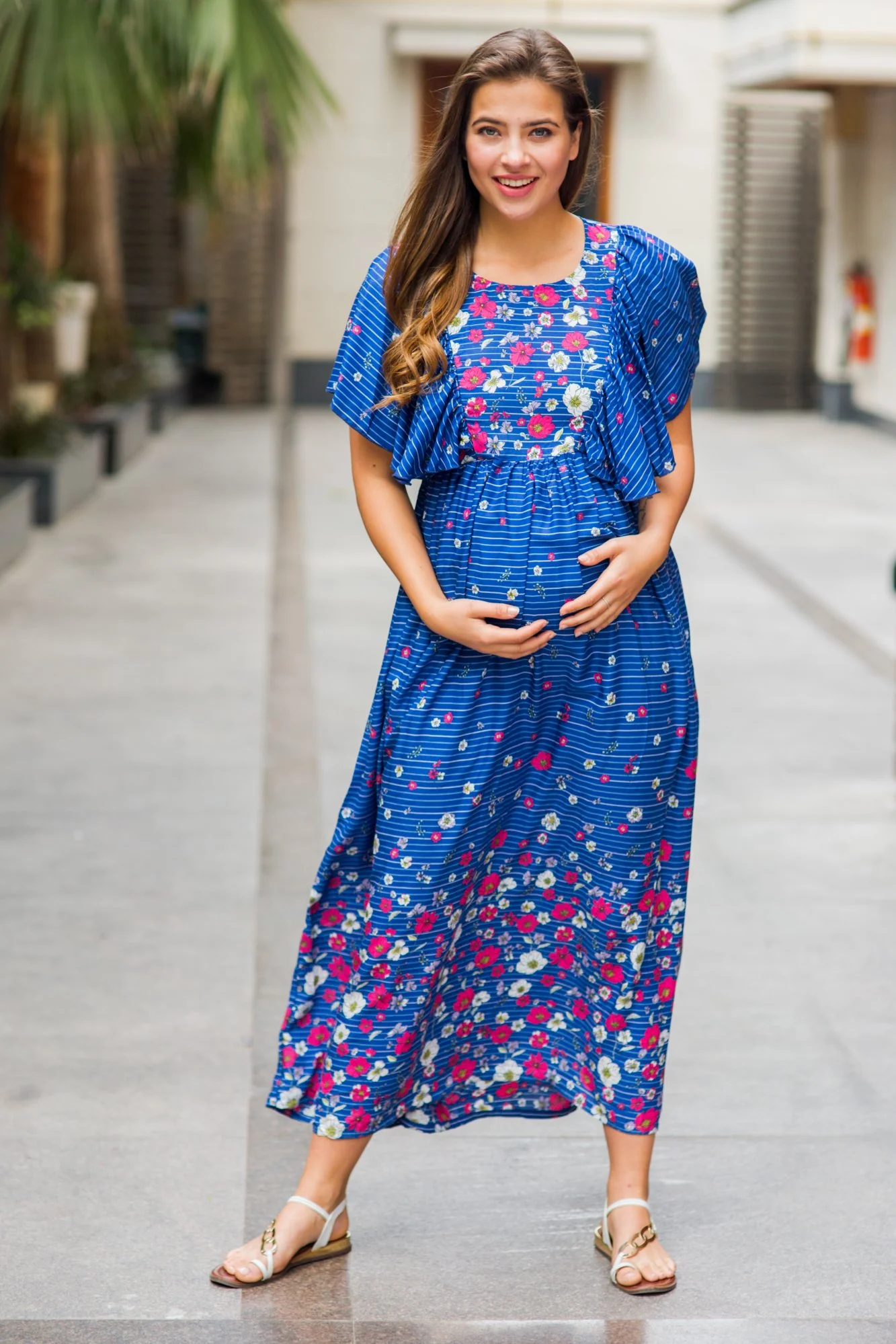 Celeste Blue Floral Maternity & Nursing Flap Dress - Chenance