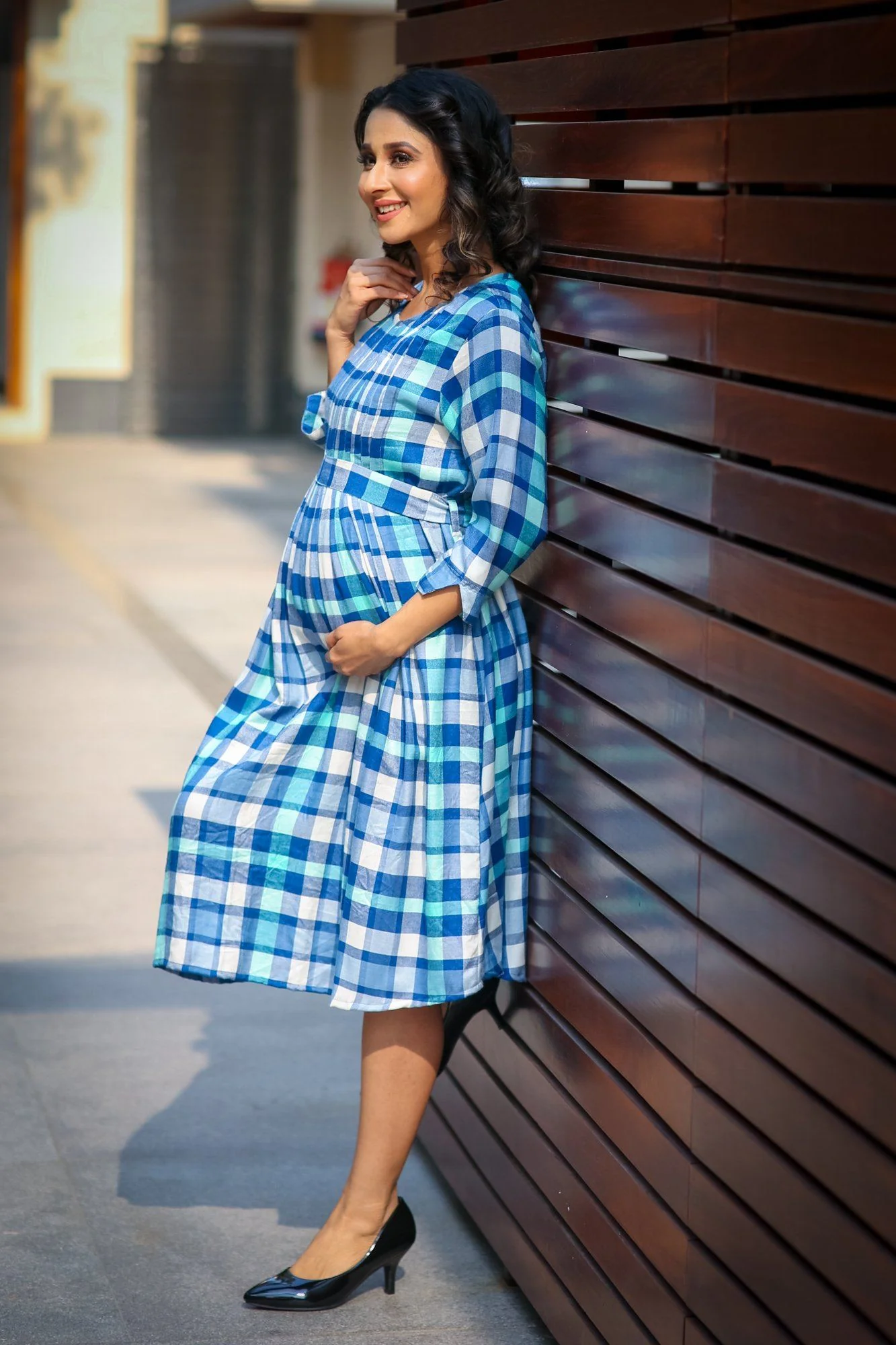 Saphire Blue Plaid Pintucks Maternity & Nursing Dress - Chenance