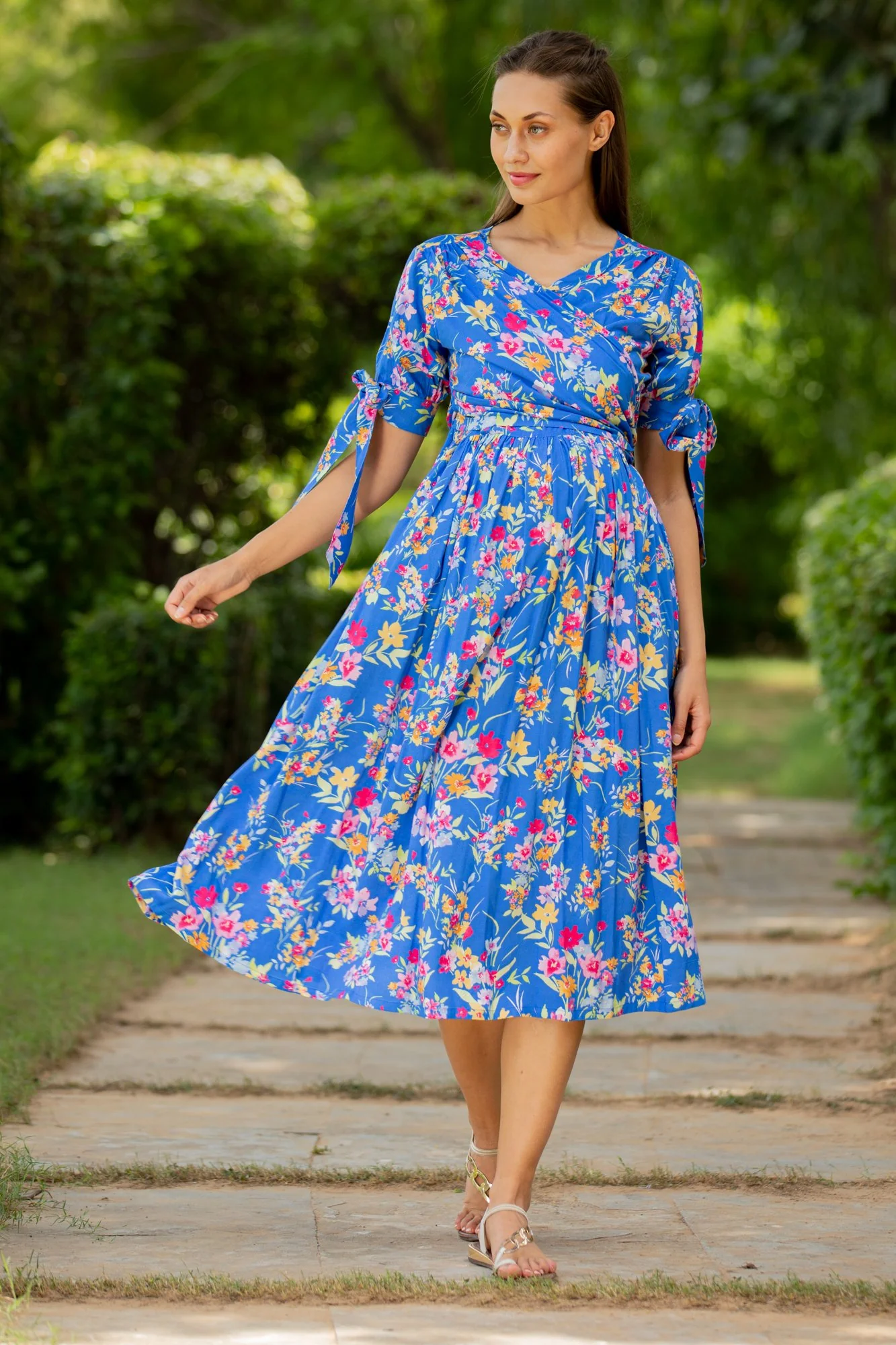 Royal Blue Floral Maternity & Nursing Midi Wrap Dress - Chenance