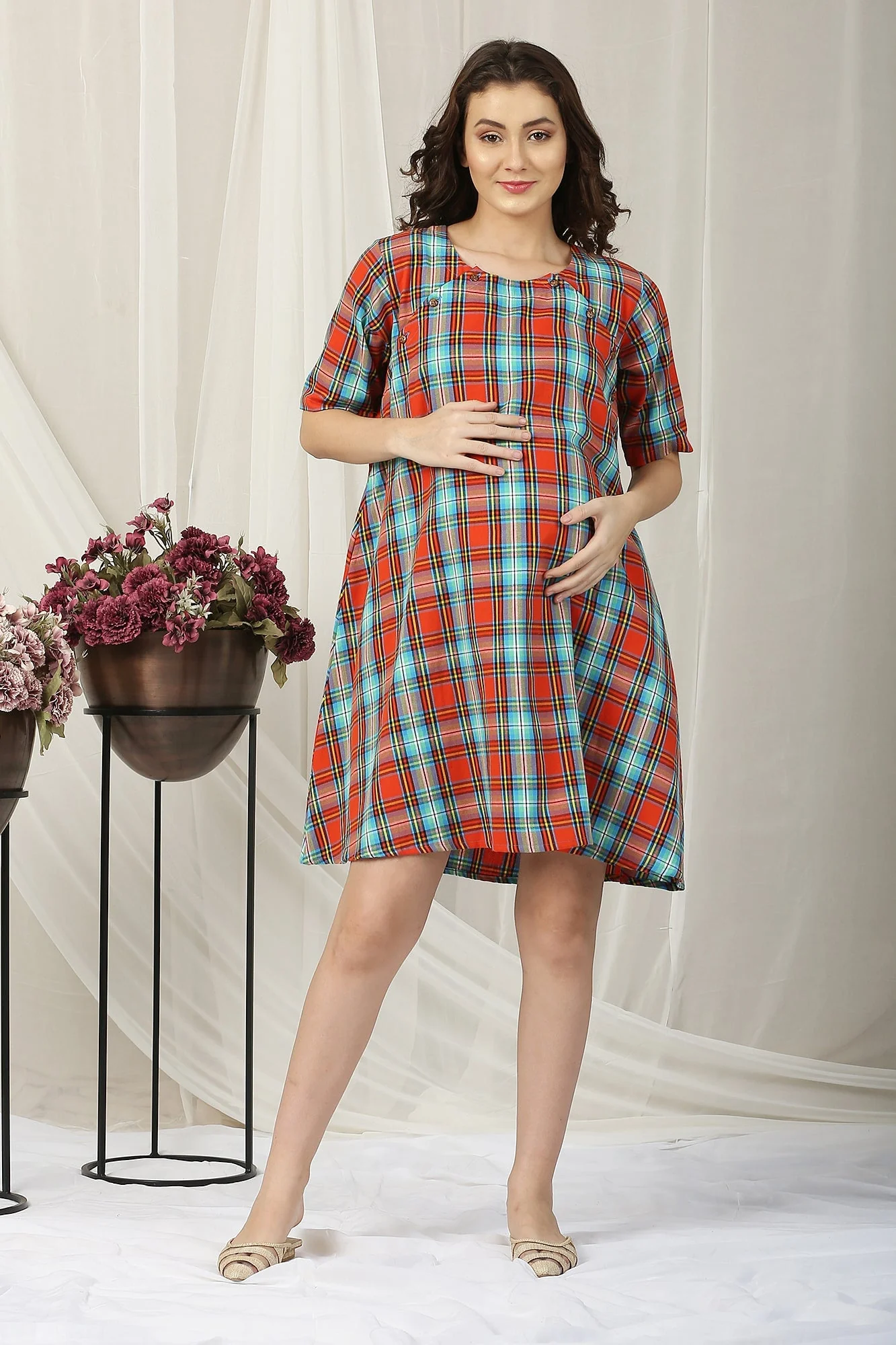 Tangerine Plaid Snap Shoulder Maternity & Nursing Night Dress / Delivery Gown/ Lounge Dress - Chenance