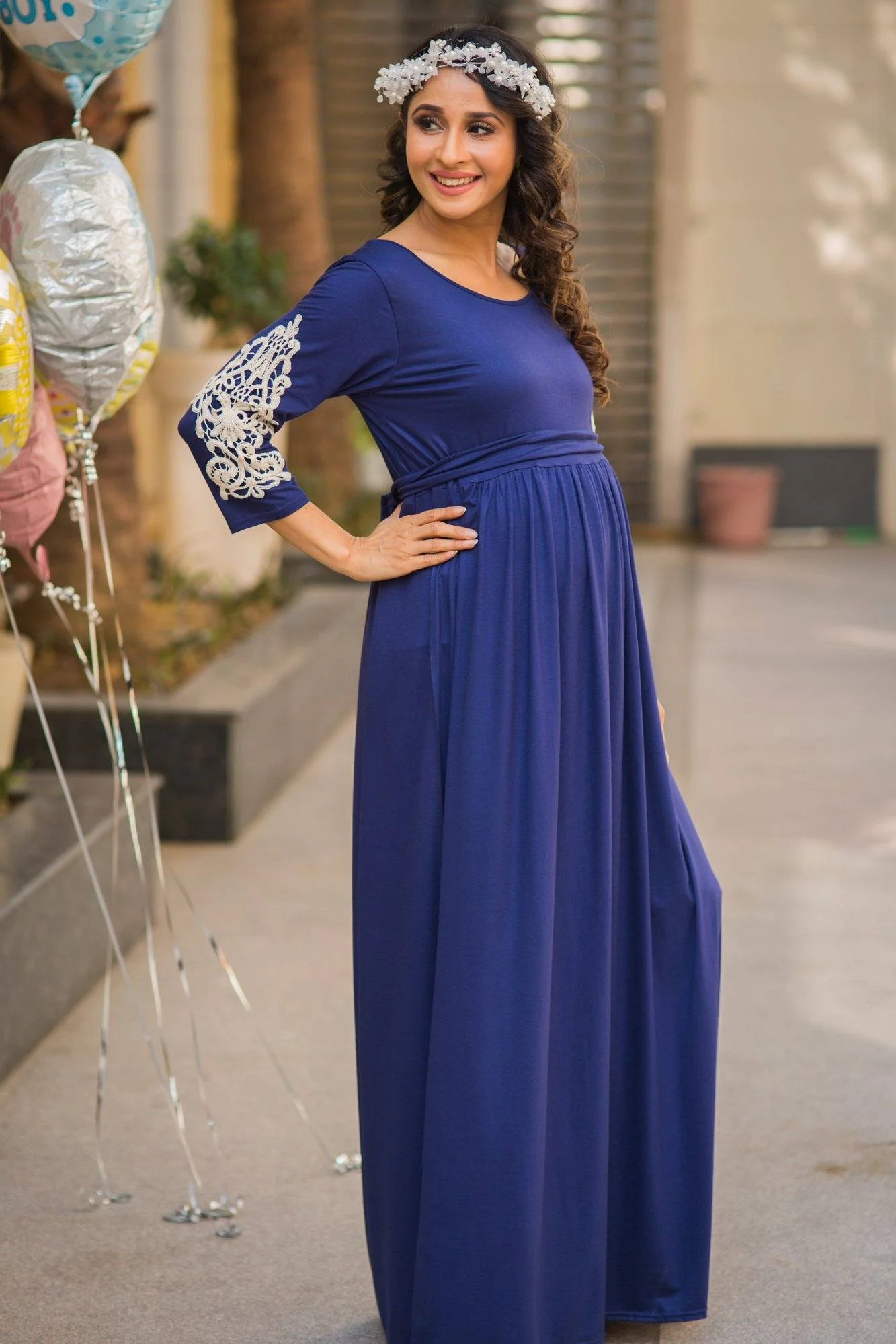 Royal Midnight Blue Lycra Crochet Maternity Dress - Chenance