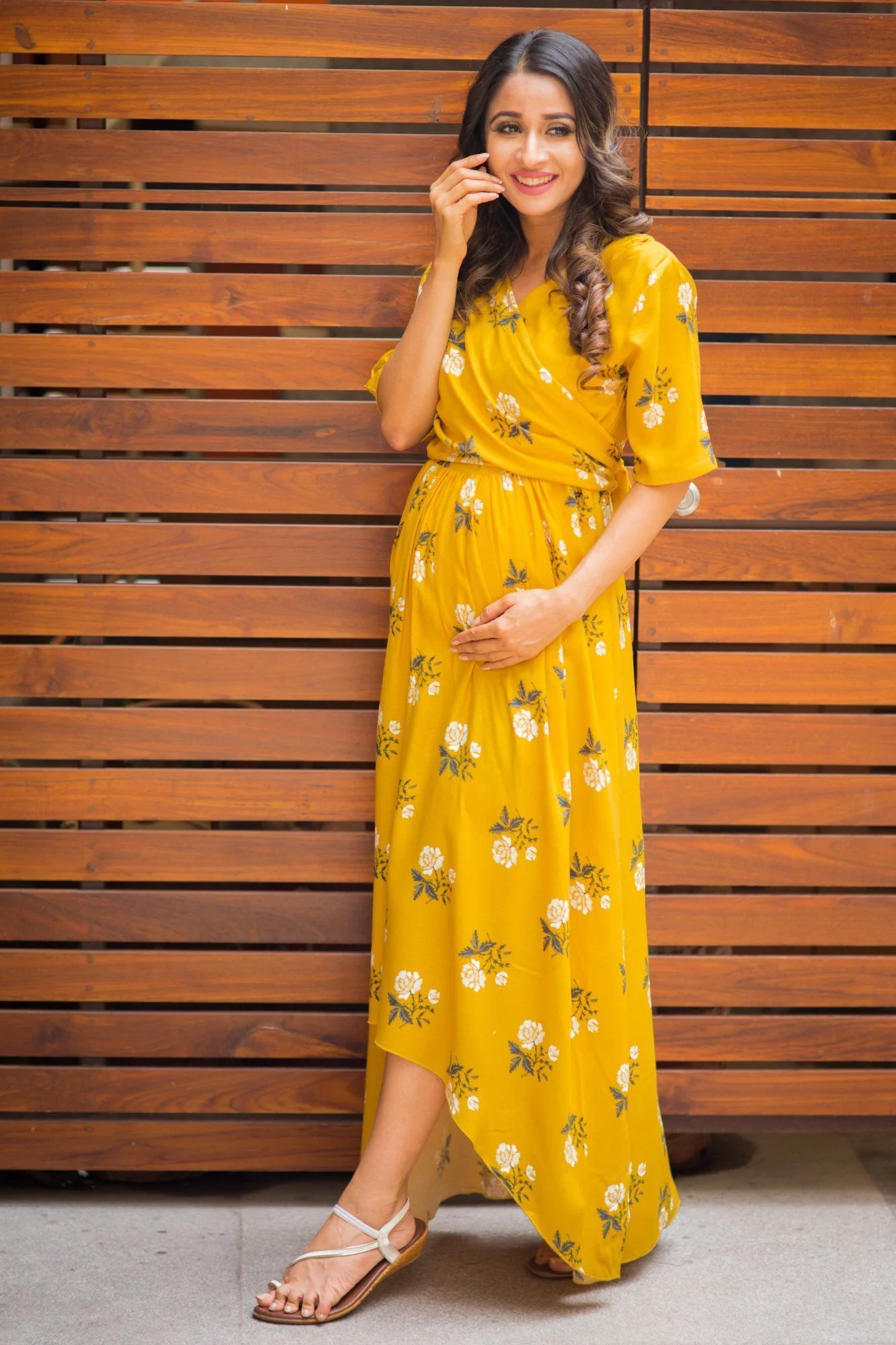 Canary Yellow Floral Hi-Low Dress Maternity & Nursing Dress - Chenance