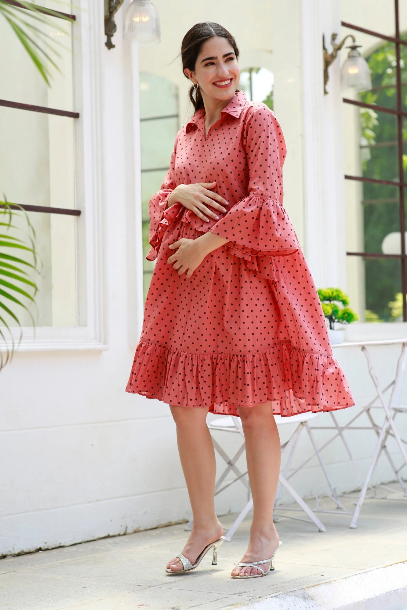 Breezy Blush Red Maternity Polka Knee Frill Dress - Chenance
