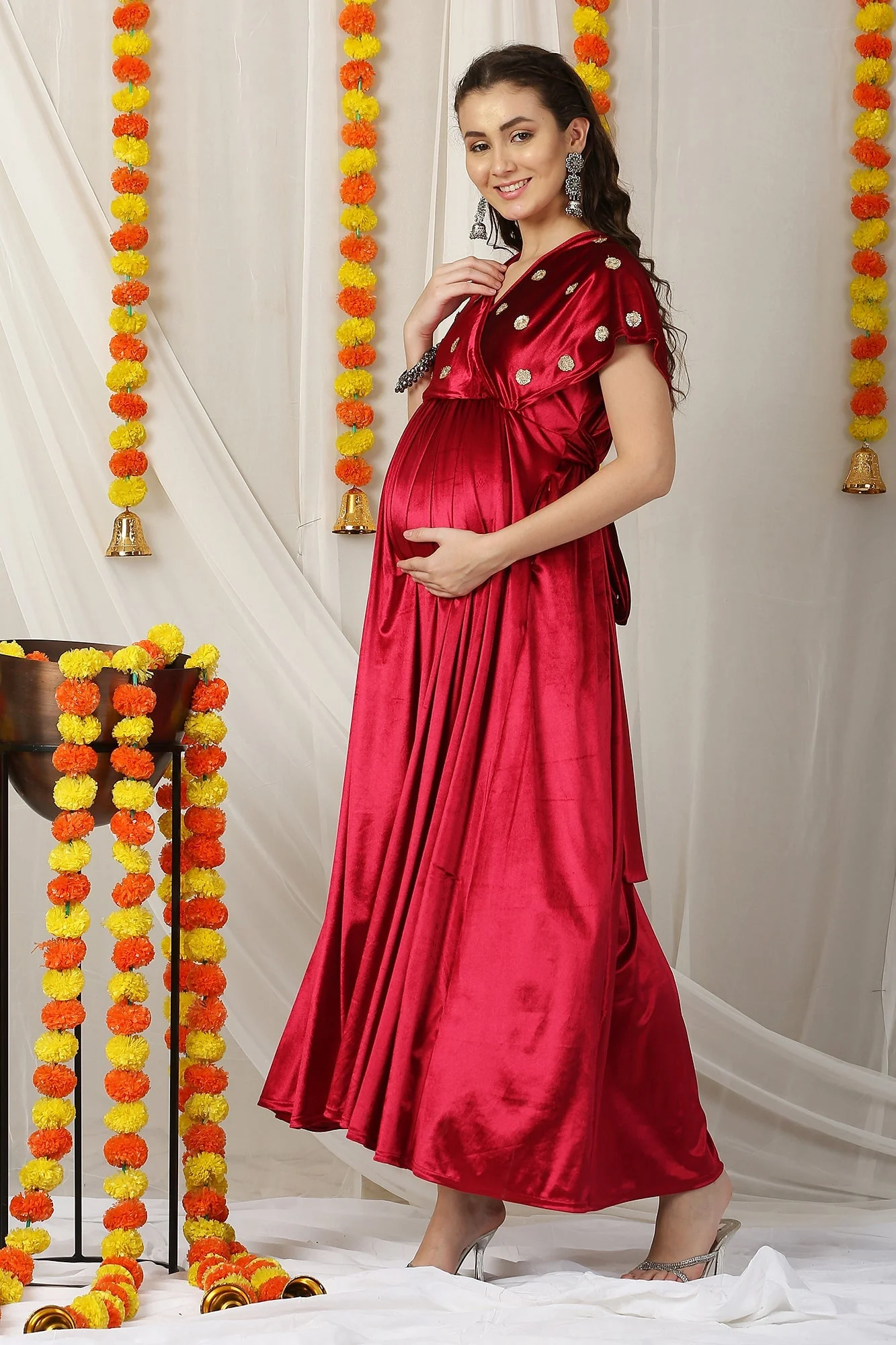 Graceful Hot Red Velvet Maternity & Nursing Embroidered Wrap Dress - Chenance