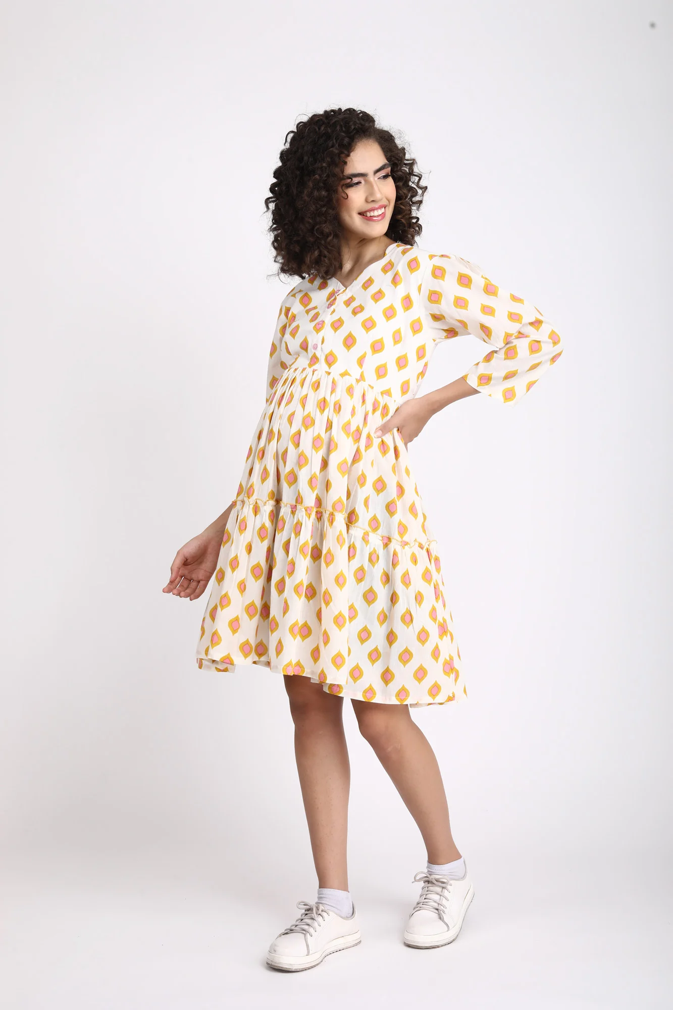Pretty Cream Maternity & Nursing Layered Dress (100% Cotton) - Chenance