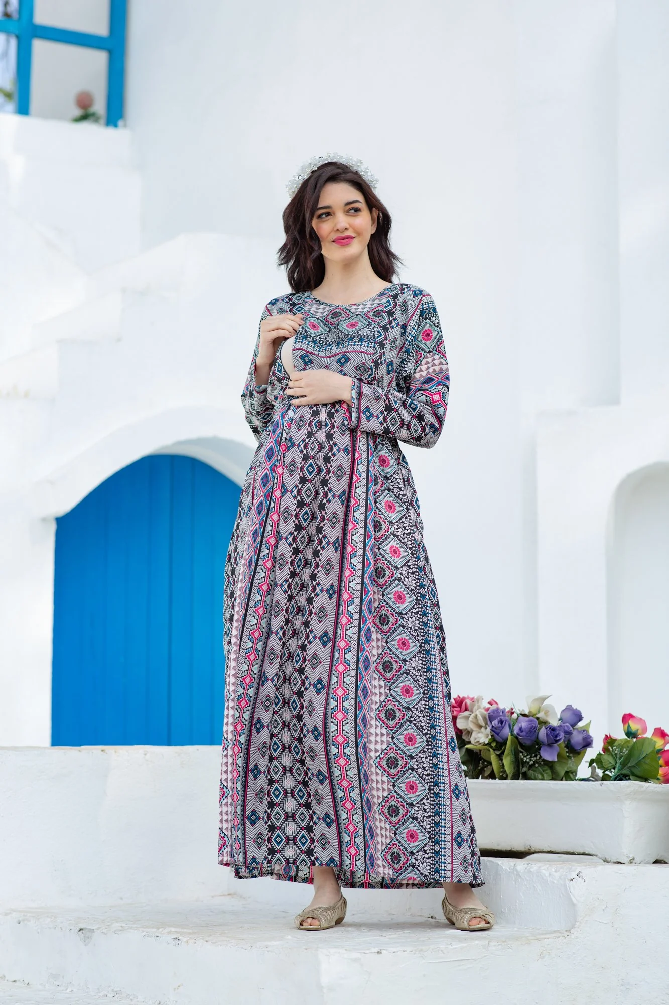 Royal Aztec Concealed Zip Maternity & Nursing Maxi - Chenance