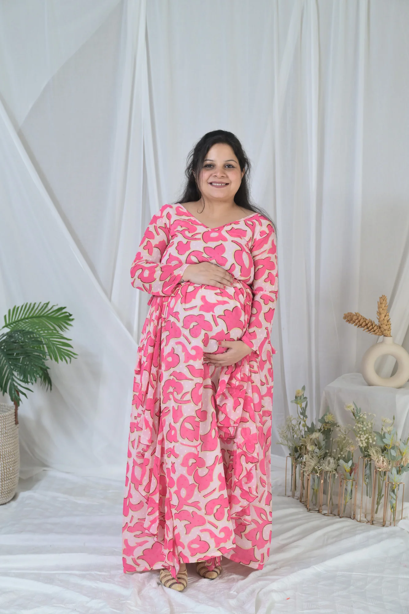 Jolly Pink Floral Maternity Flow Dress - Chenance