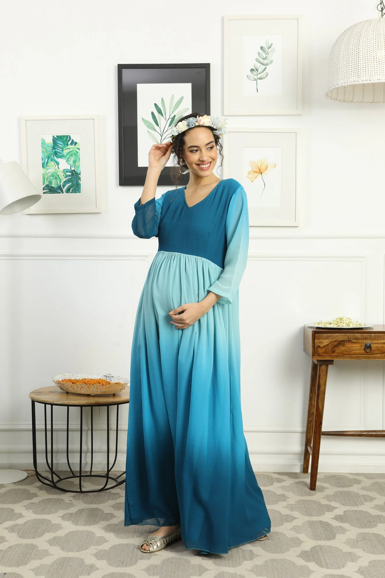 Paradise Blue Monochromatic Maternity Flow Maxi Dress - Chenance