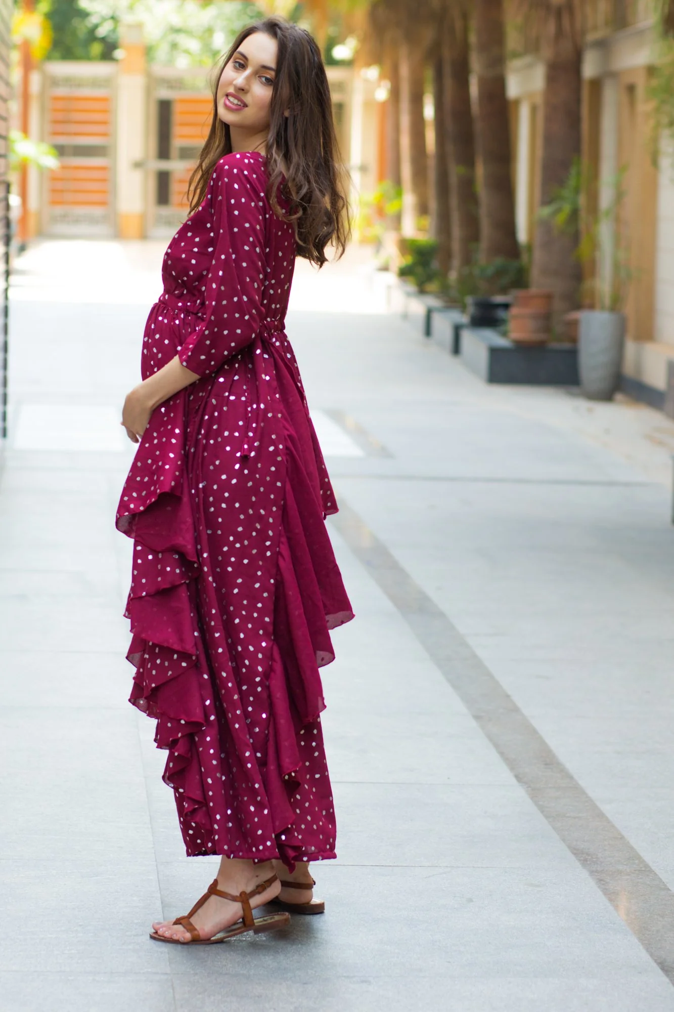 Burgundy Silver Embellished Maternity Flow Dress - Chenance