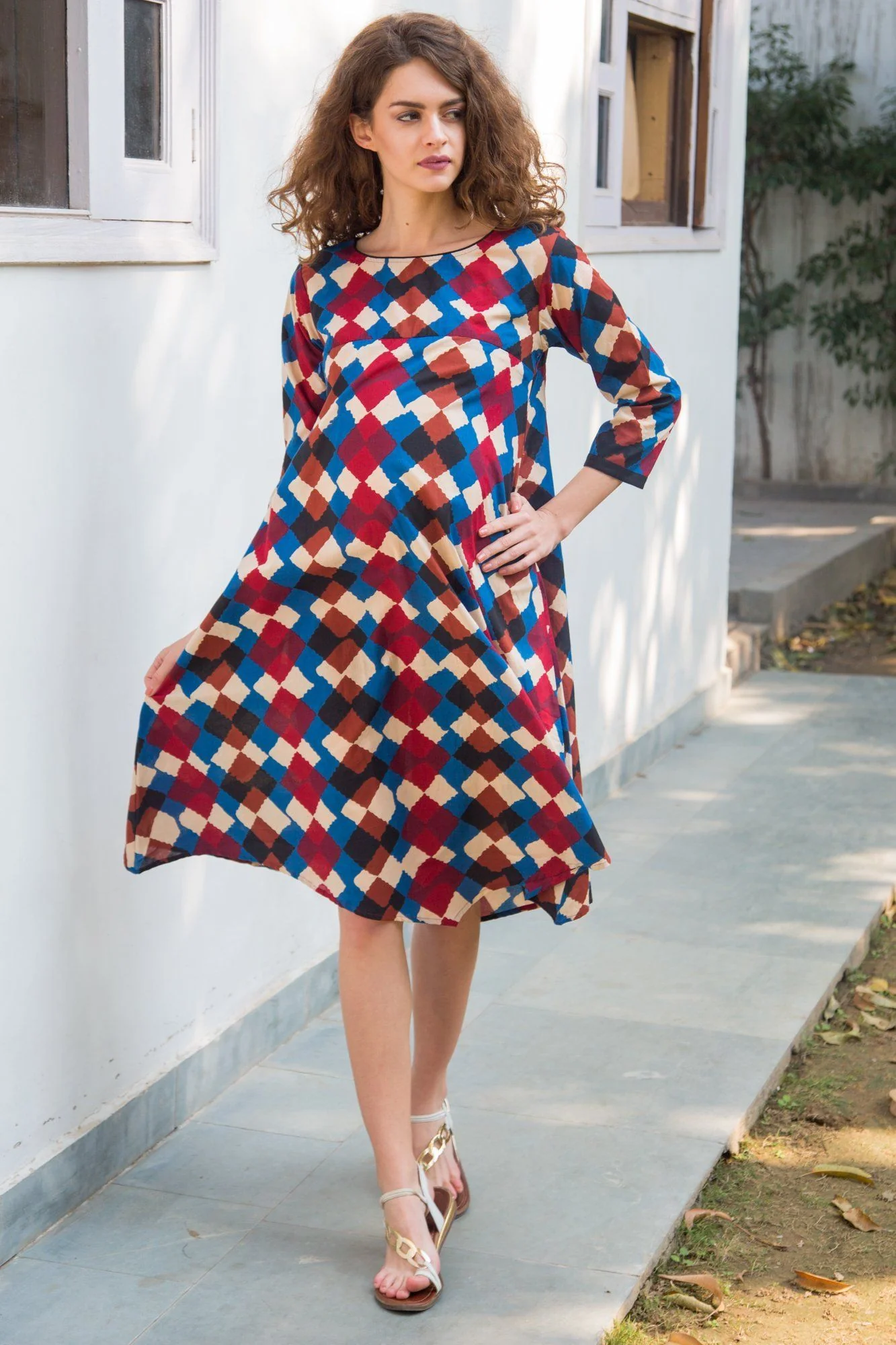 Crimson Abstract Cotton Maternity & Nursing Dress - Chenance