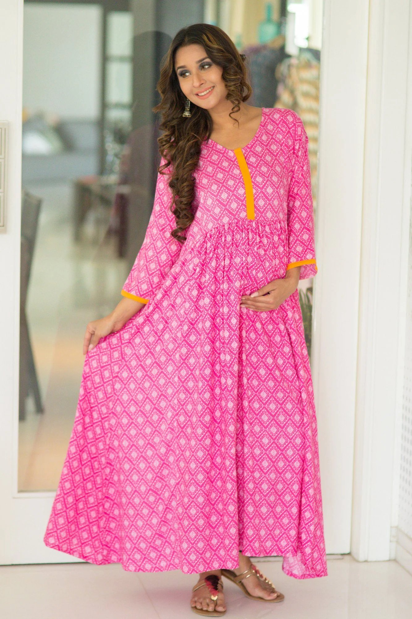 Rose Pink Front Zip Long Anarkali Dress - Chenance