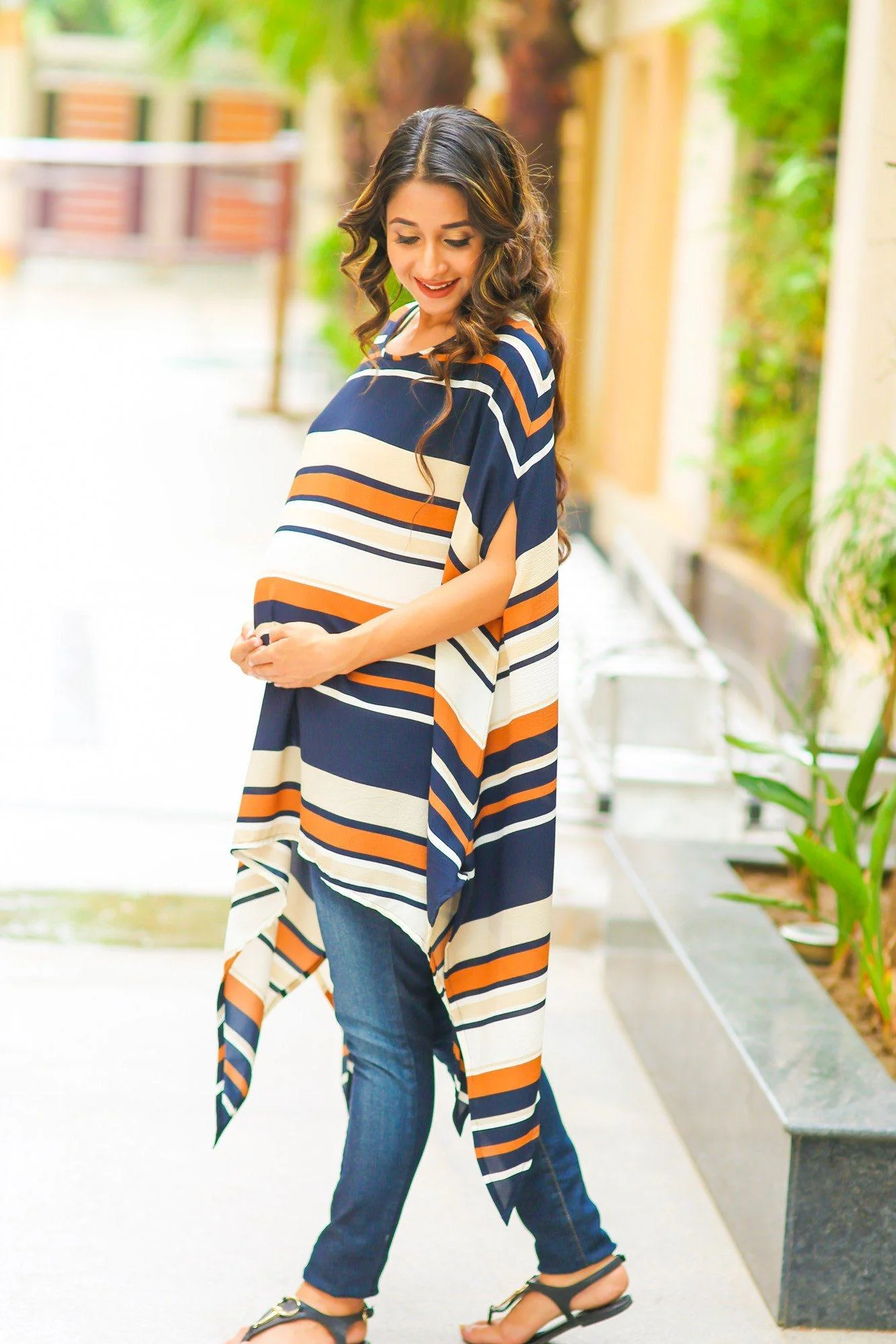 Navy Orange Nautical Crepe Maternity Poncho - Chenance