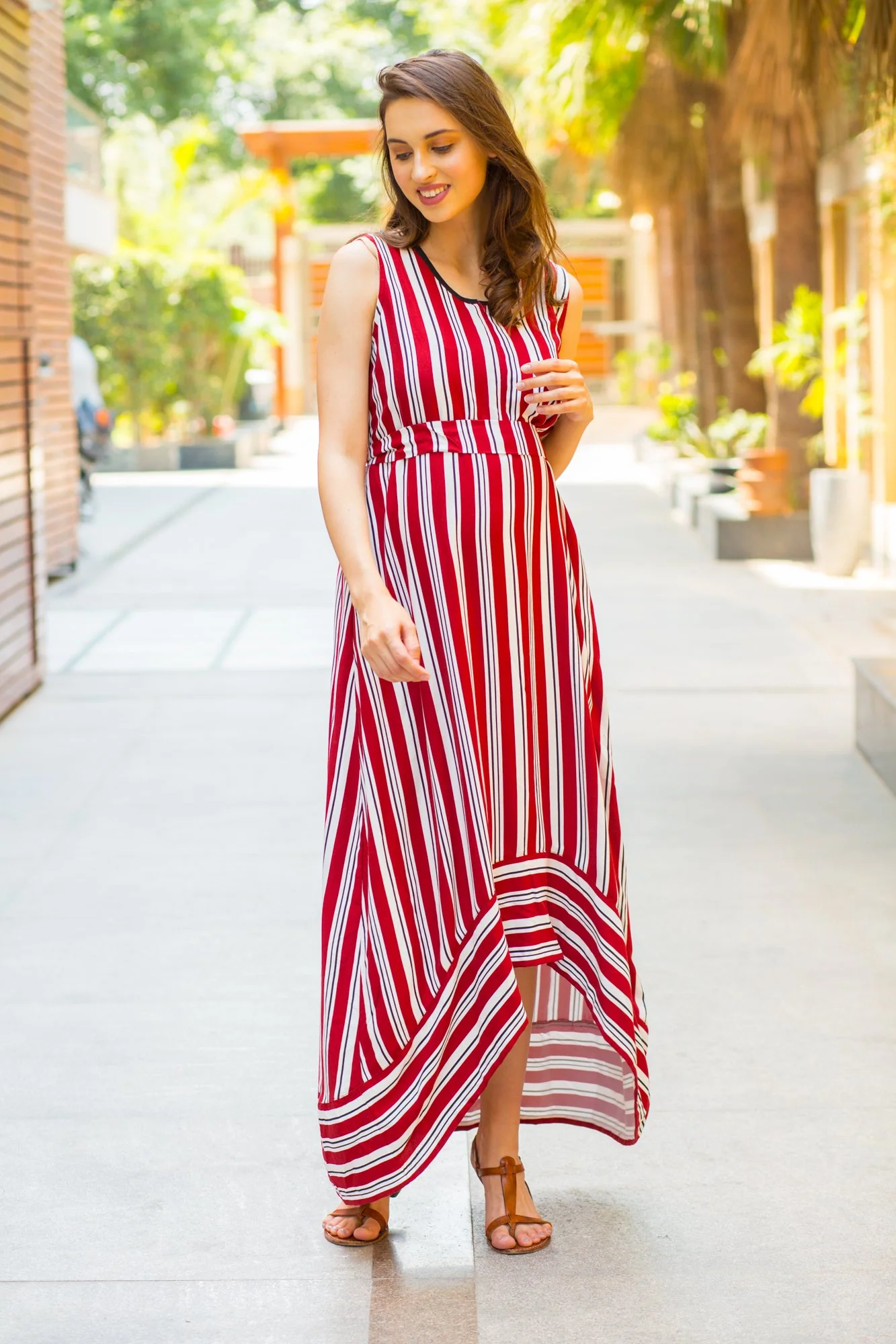 Maroon Striped Front Zip Hi-Low Maternity & Nursing Dress - Chenance