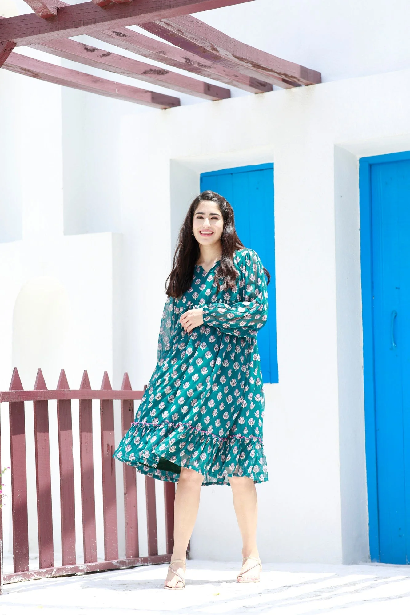 Breezy Emerald Floral Maternity Knee Frill Dress - Chenance