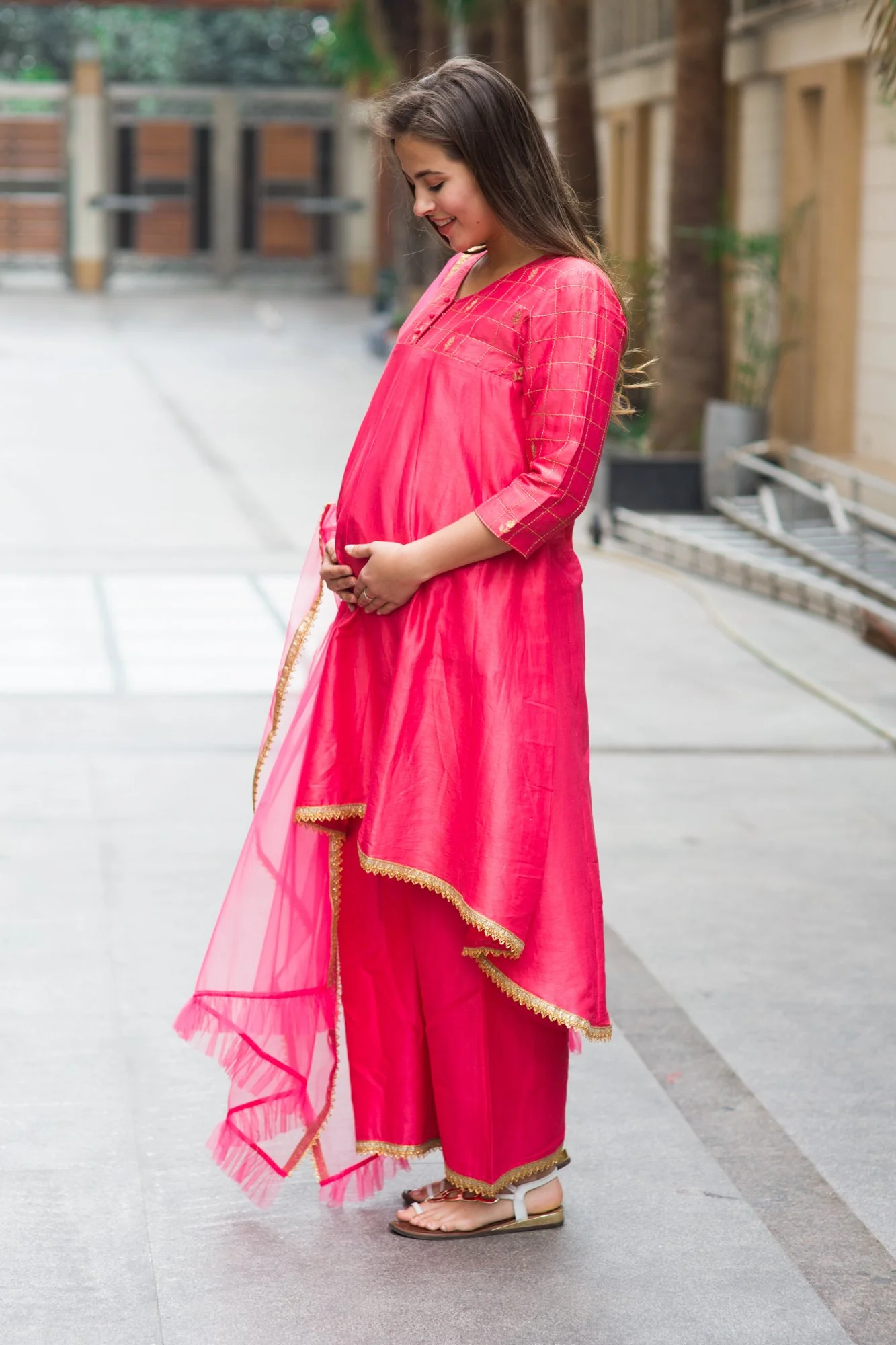 Premium Pink Chanderi Silk Gold Zari Maternity Suit Set (3 pc) - Chenance
