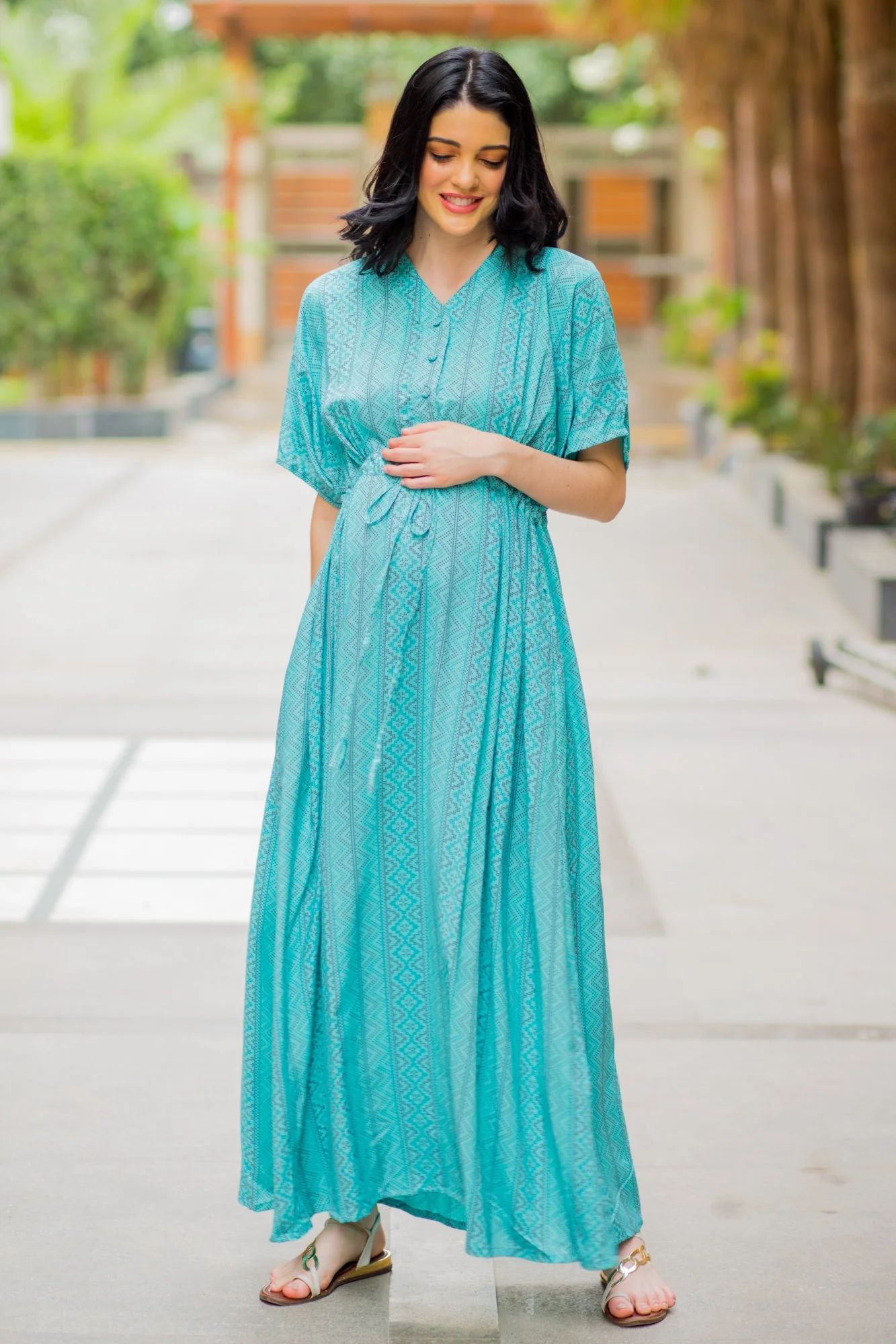 Kimono Sky Blue Stripe Maternity & Nursing Dress / Delivery Gown/ Night Dress - Chenance