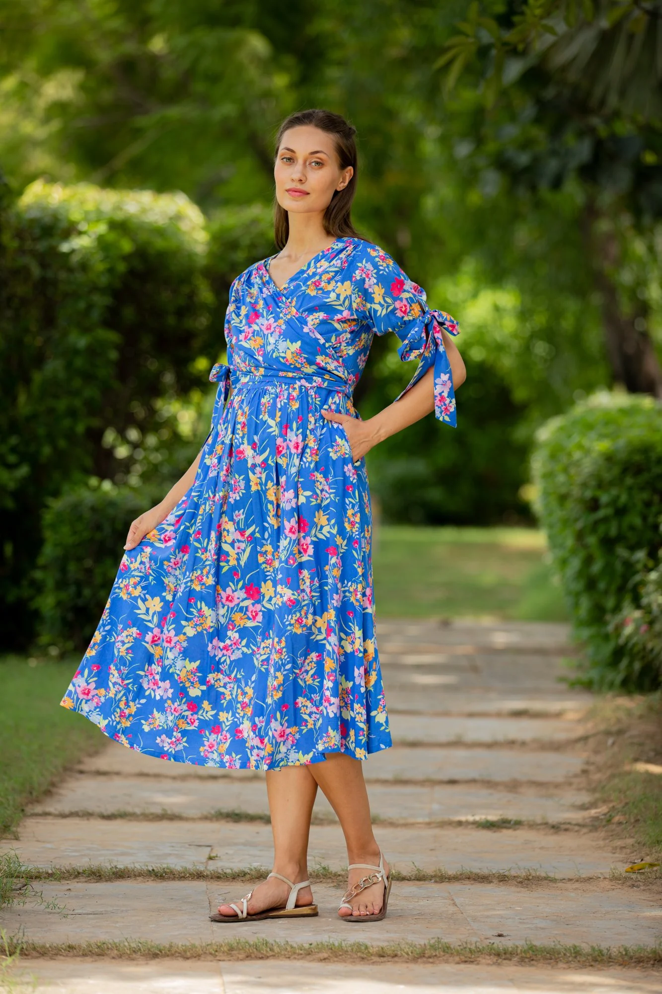 Royal Blue Floral Maternity & Nursing Midi Wrap Dress - Chenance