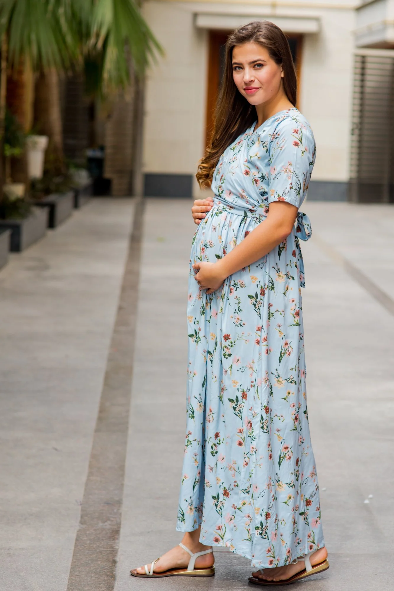 Pastel Blue Blossom Maternity & Nursing Wrap Dress - Chenance