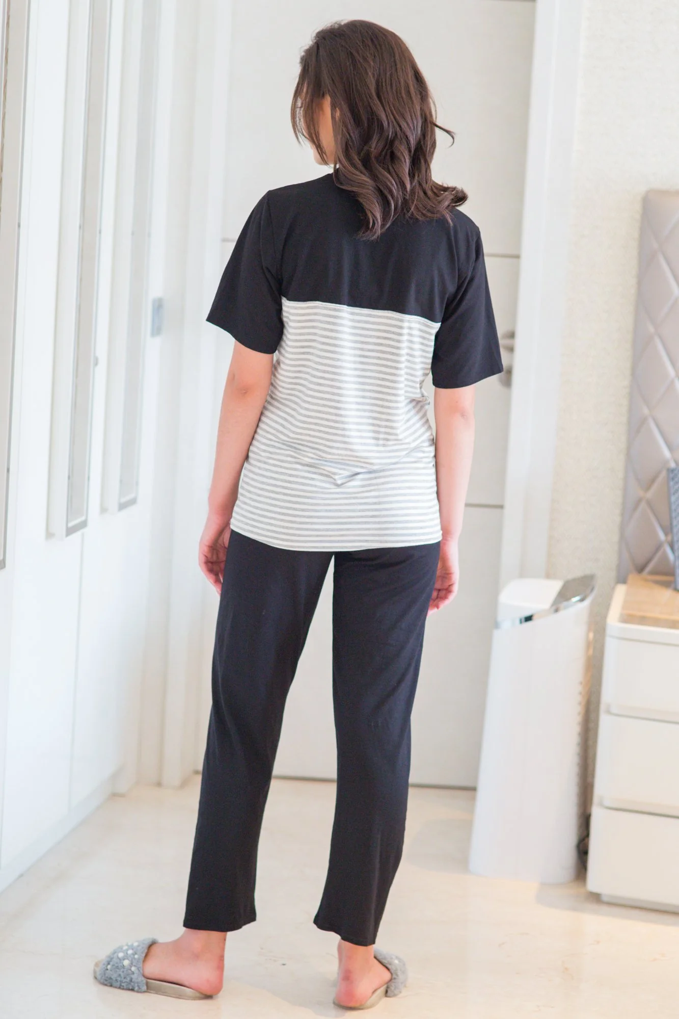 Set of Two - Striped Grey Lounge Maternity & Nursing Pyjamas Set - Chenance