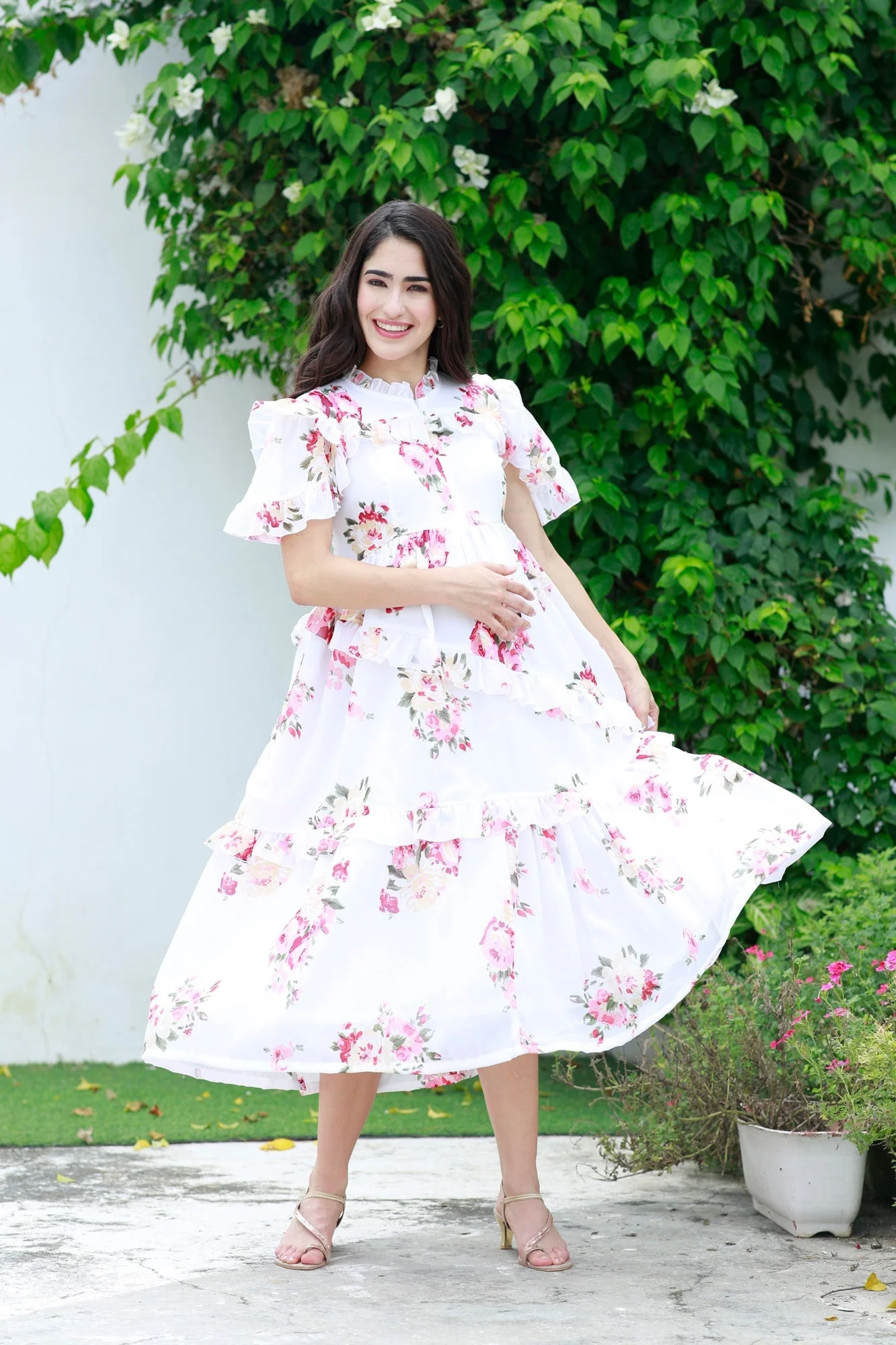 Soothing White Floral Maternity & Nursing Frill Dress - Chenance