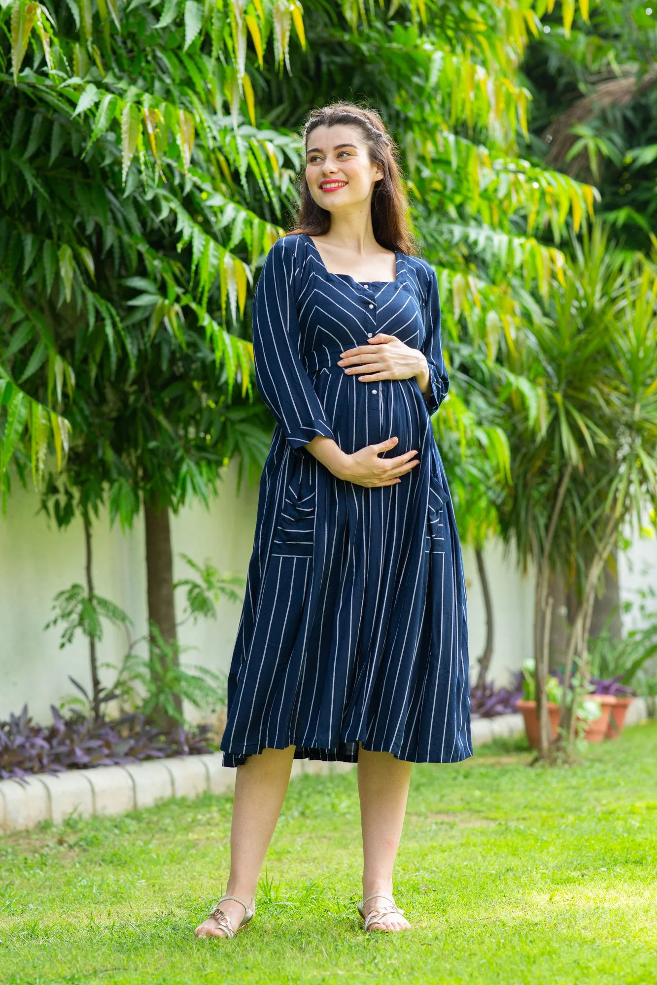 Ocean Striped Pocket Maternity & Nursing Dress - Chenance
