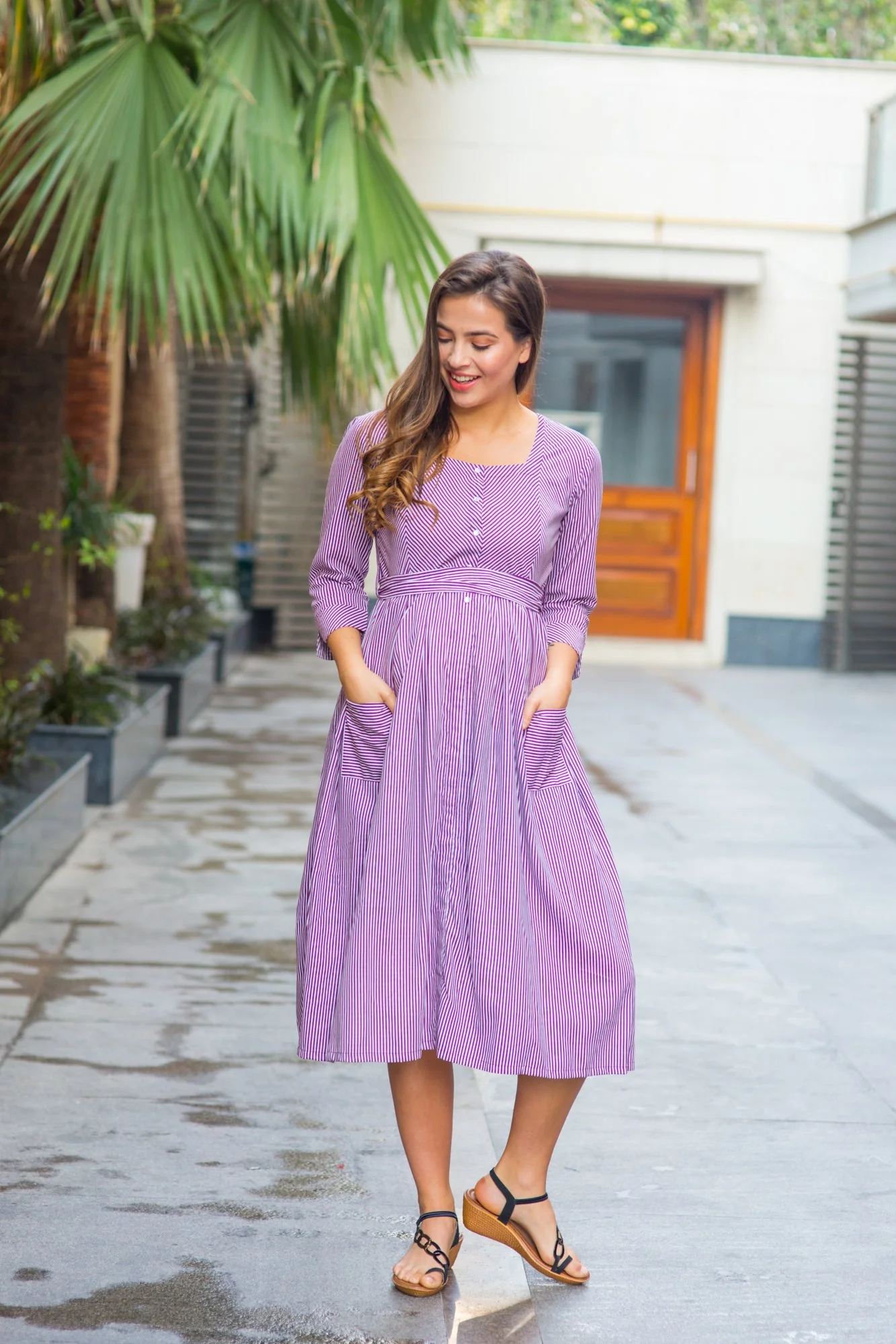 Purple Striped Pocket Maternity & Nursing Dress - Chenance