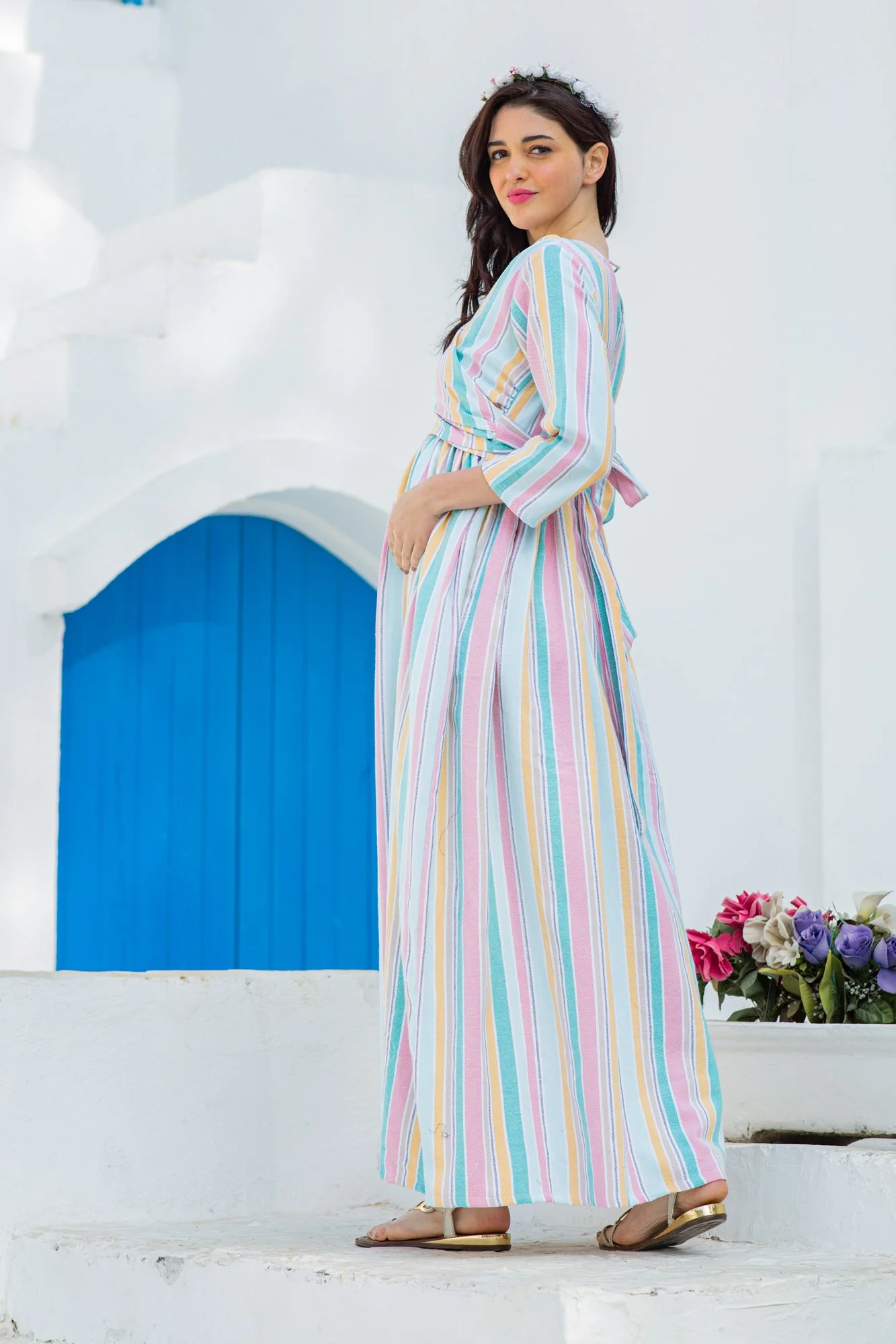 Pastel Striped Maternity & Nursing Wrap Dress - Chenance
