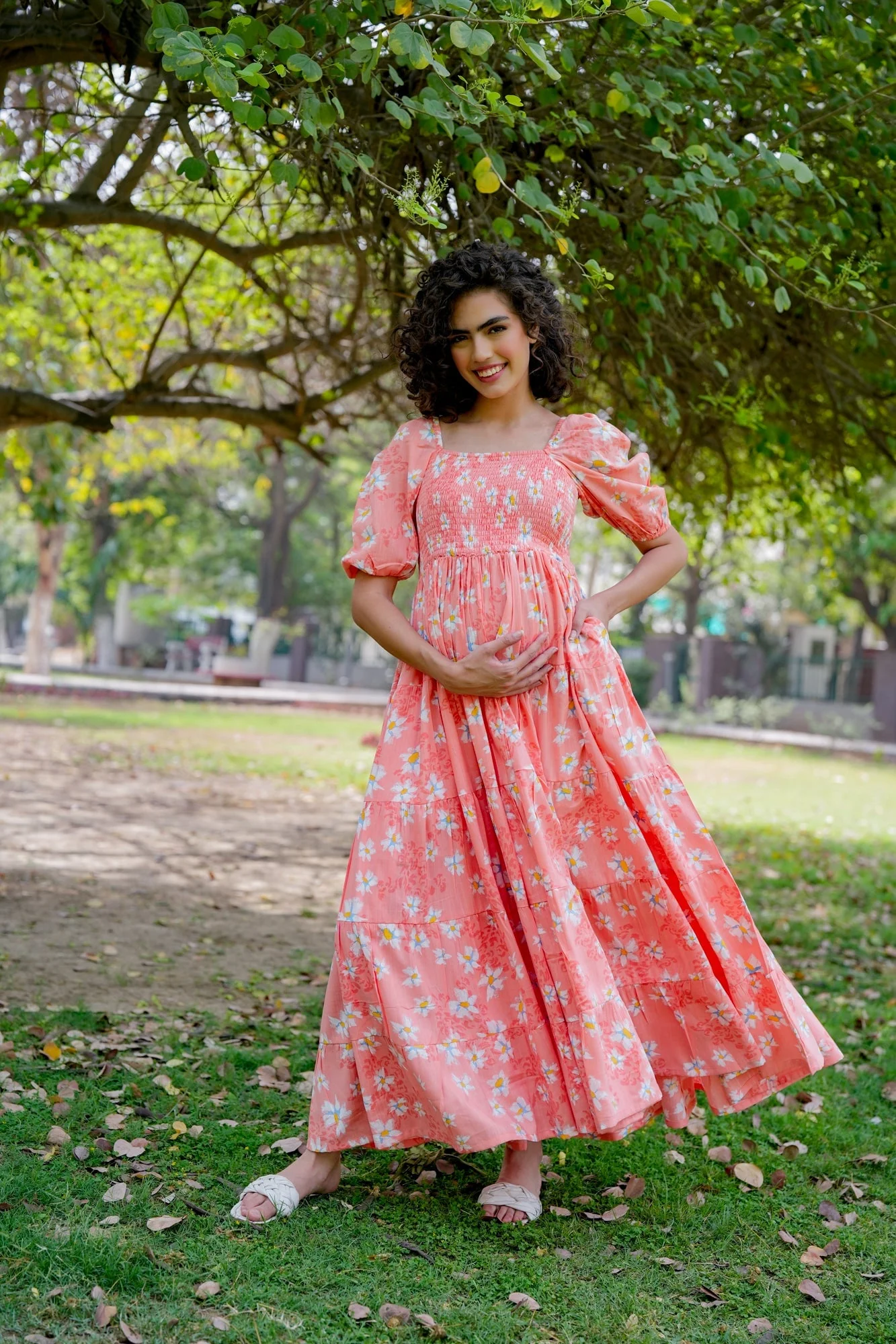 Graceful Apricot Floral Maternity Layered Dress (100% Cotton) - Chenance