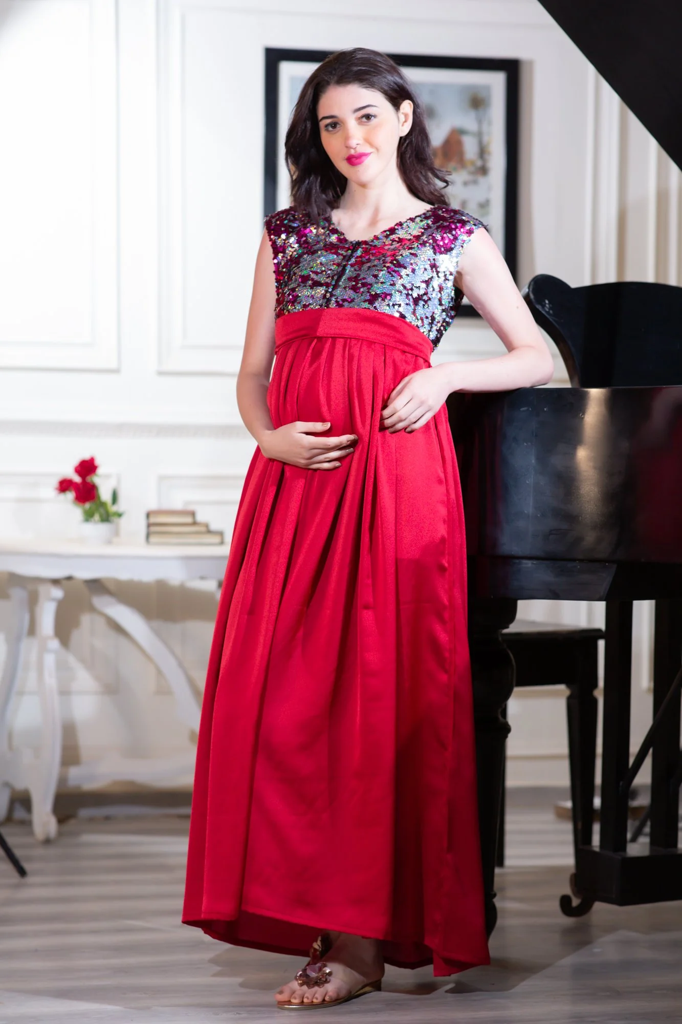 Luxe Red Gold Sequin Maternity & Nursing Dress - Chenance