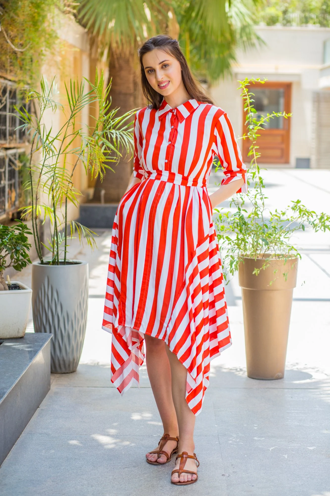 Candy Red Striped Maternity & Nursing Assymetrical Dress - Chenance