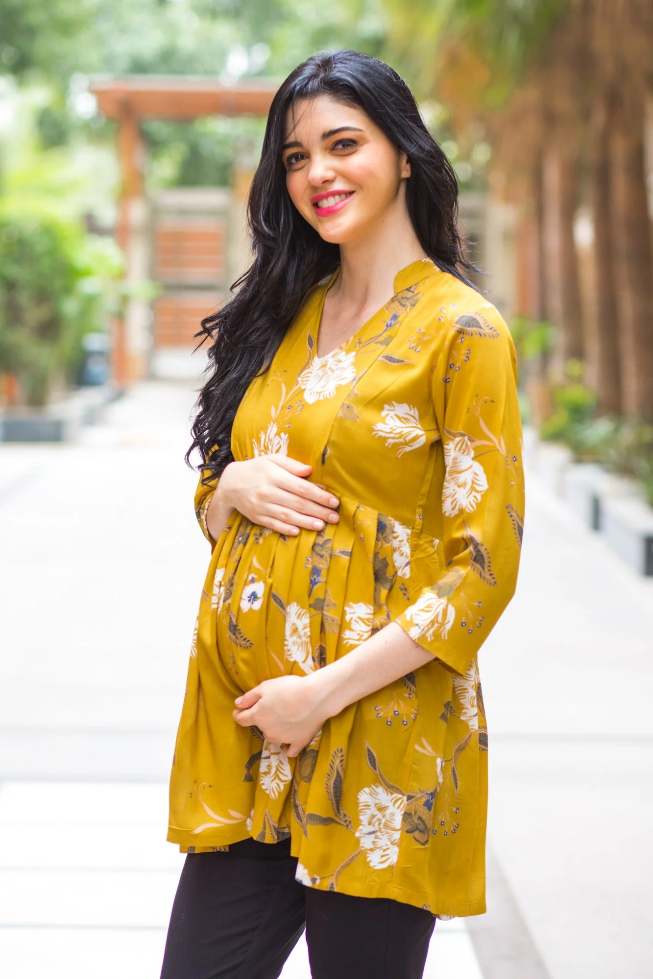 Mustard Yellow Leafy Maternity & Nursing Top - Chenance