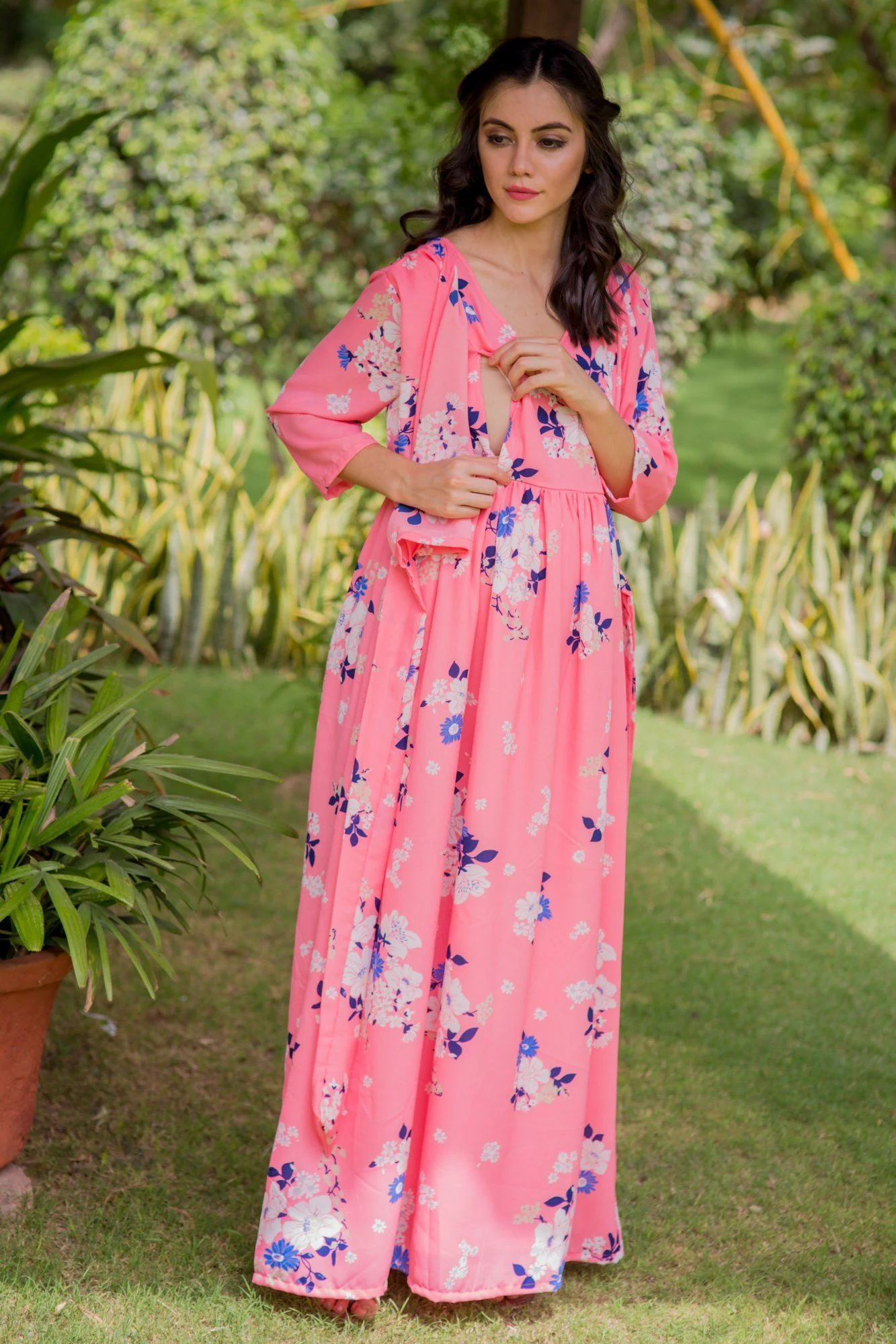 Plush Pink Floral Maternity & Nursing Crepe Wrap Dress - Chenance