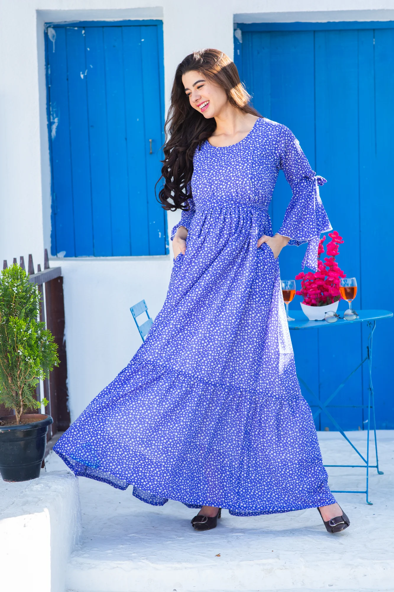 Midnight Starry Blue Maternity & Nursing Frill Dress - Chenance