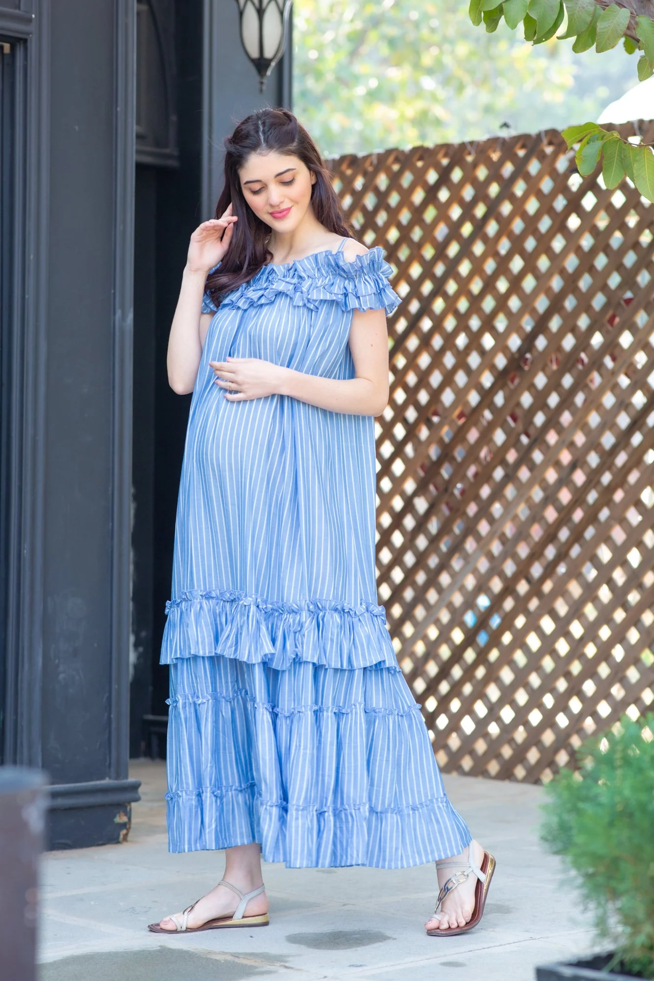 Sea Striped Maternity & Nursing Frill Dress - Chenance