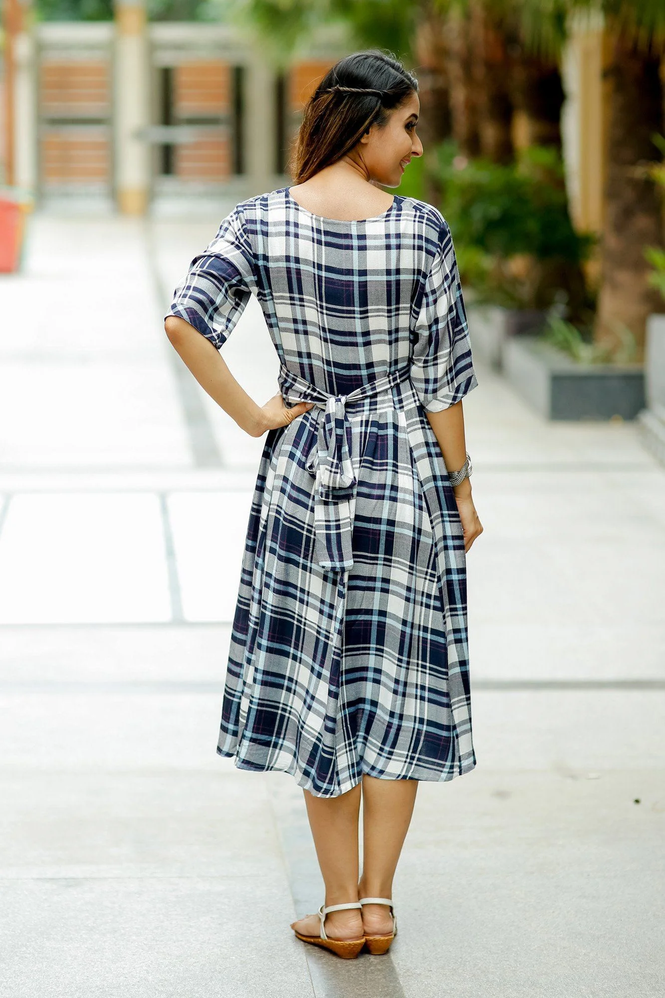 Royal Navy Plaid Concealed Zips Maternity and Nursing Dress - Chenance