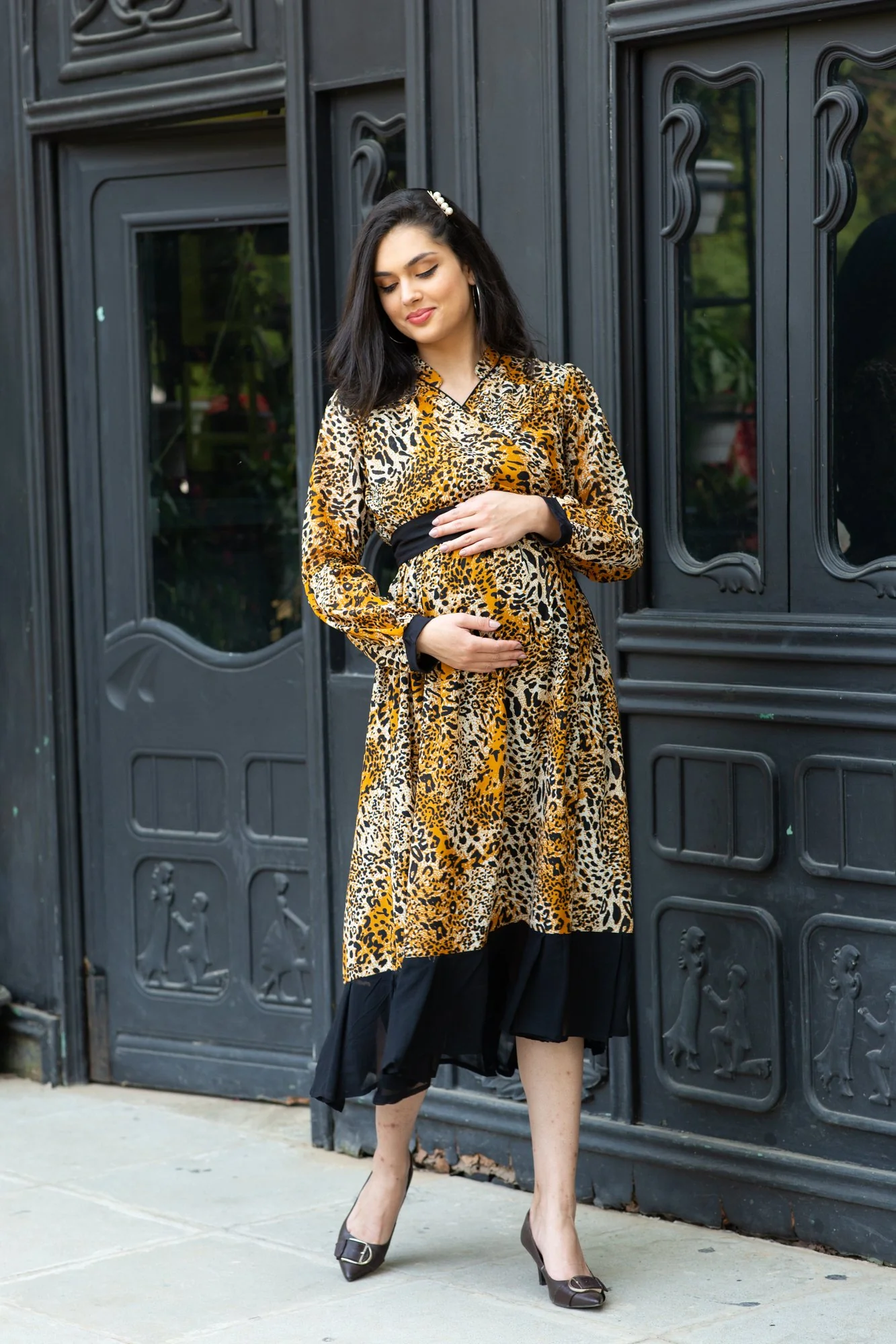 Premium Tropical Brown Maternity & Nursing Midi Wrap Dress - Chenance