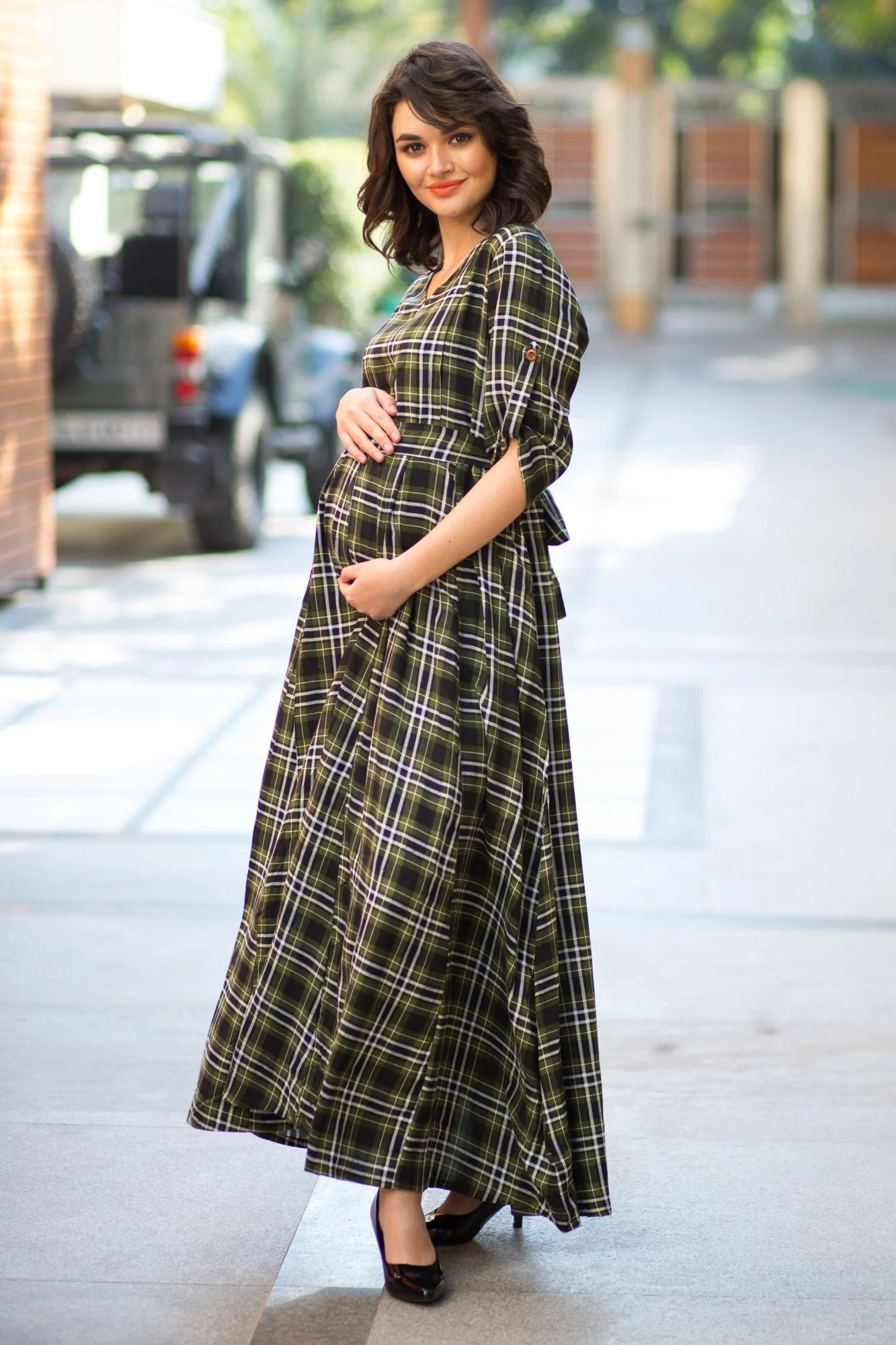 Nautical Pine Green Plaid Maternity & Nursing Maxi Dress - Chenance
