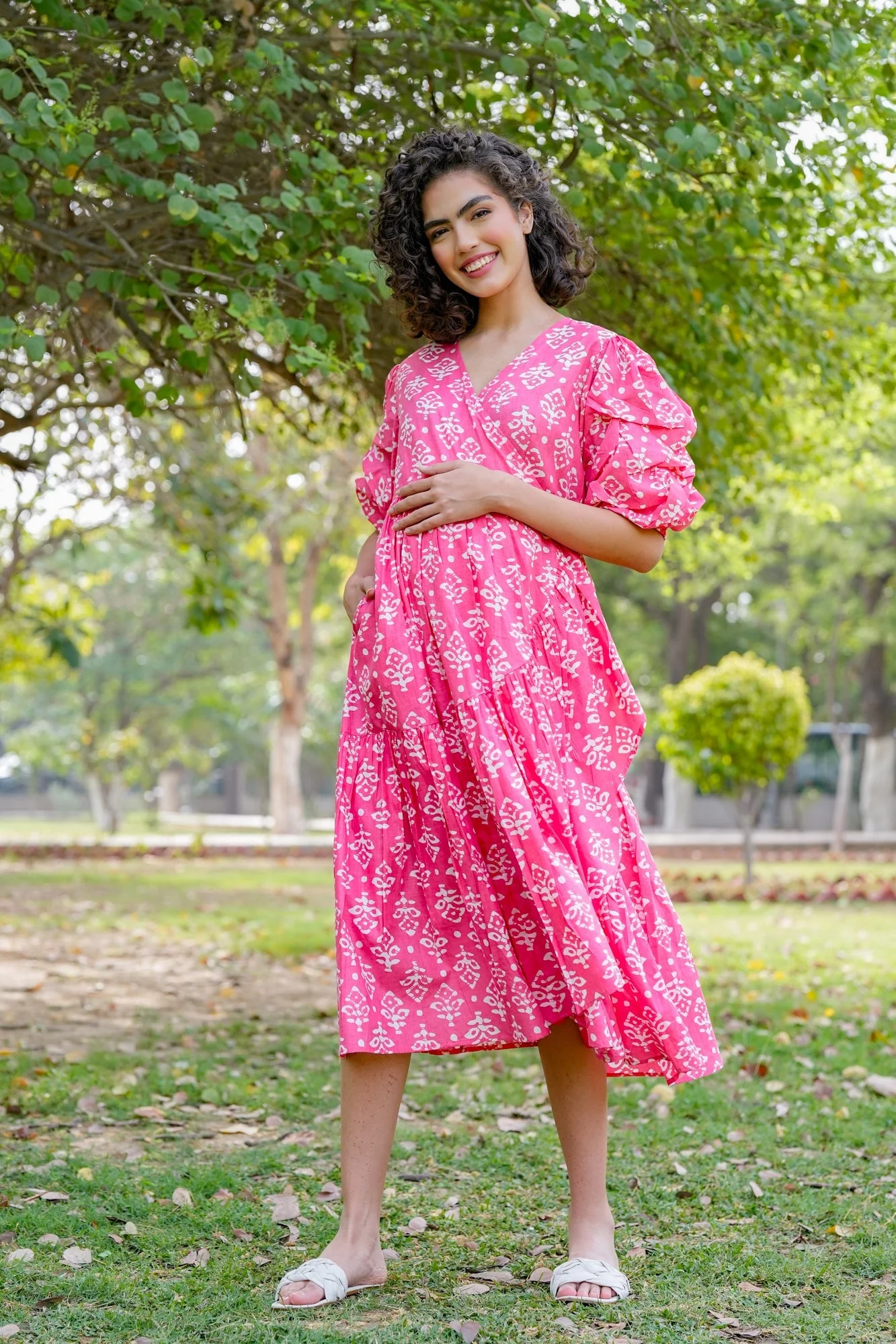 Winsome Baby Pink Maternity & Nursing Frill Wrap Dress (100% Cotton) - Chenance