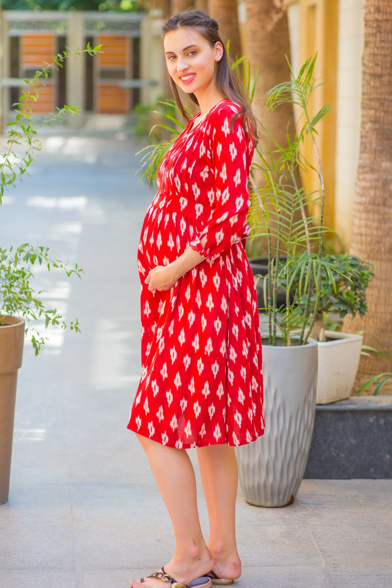 Scarlet Red Pintucks Maternity & Nursing Kurta Dress - Chenance