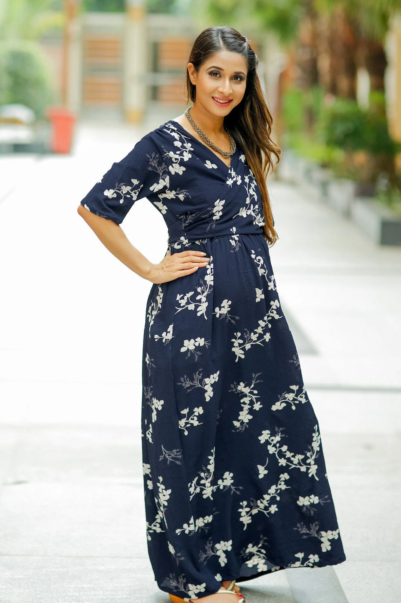 Luxe Navy Pearl Bubble Georgette Maternity & Nursing Wrap Dress - Chenance