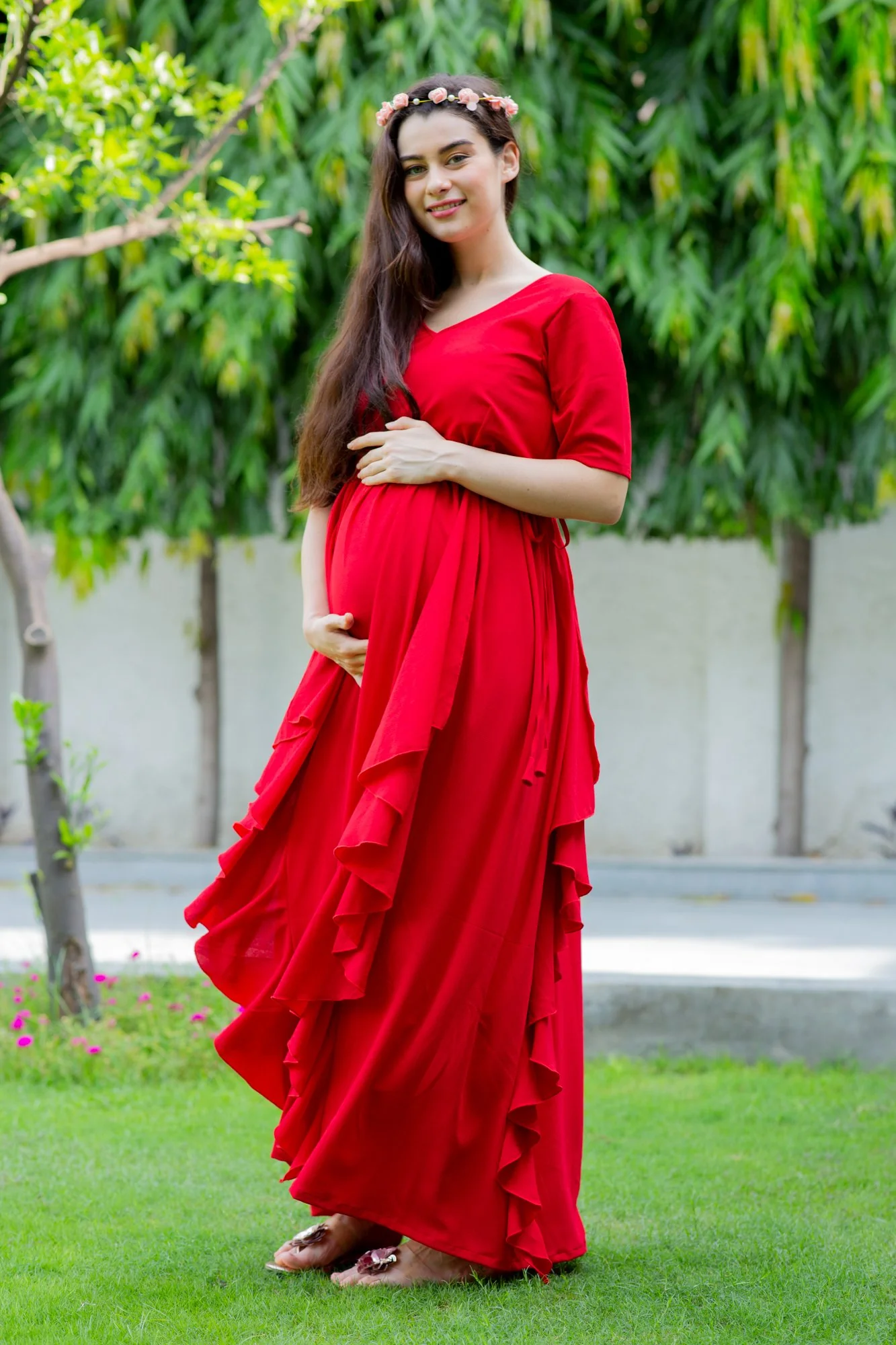 Red Bubble Satin Luxe Maternity Flow Dress - Chenance