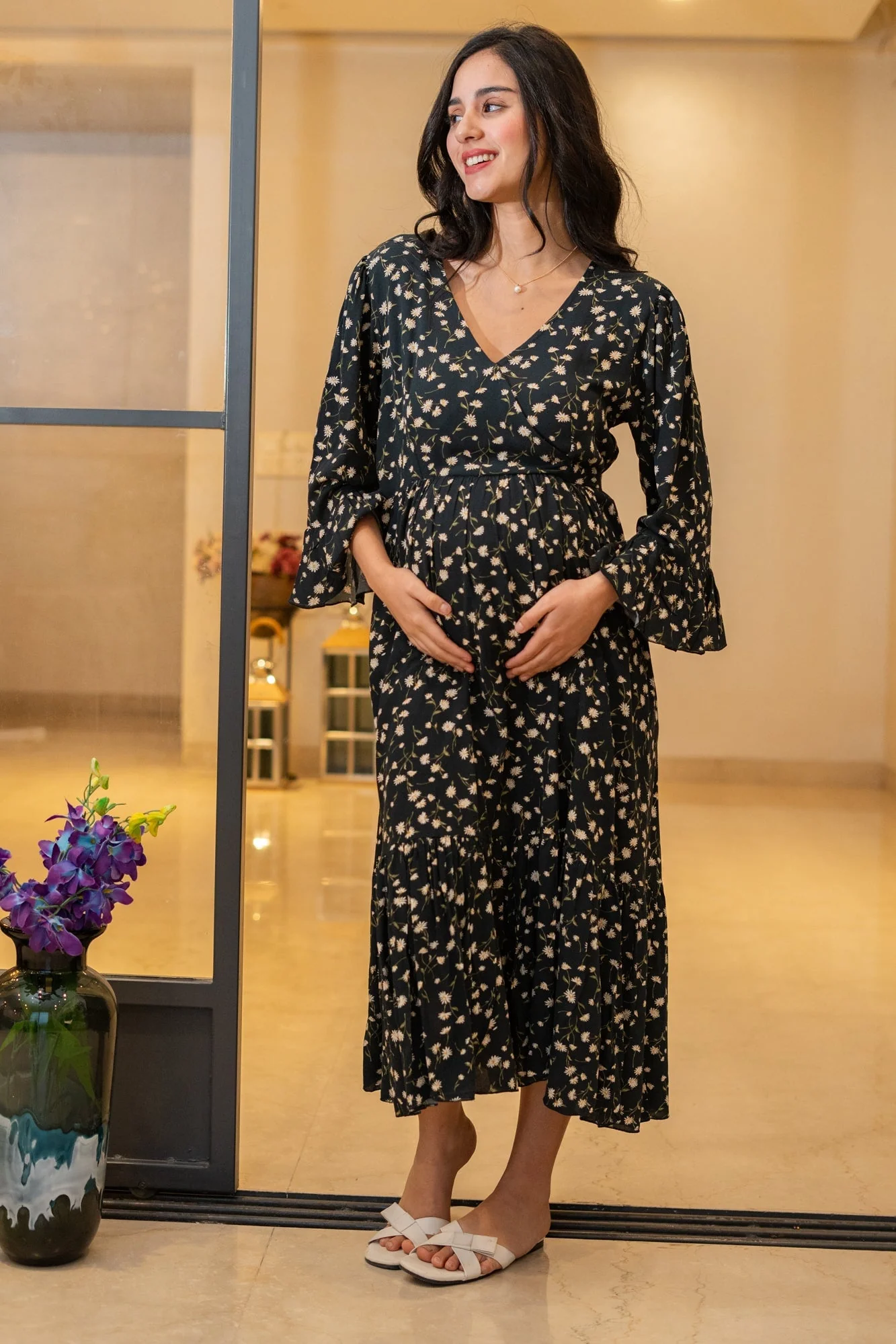 Vivacious Rich Black Floral Maternity & Nursing Midi Wrap Dress - Chenance