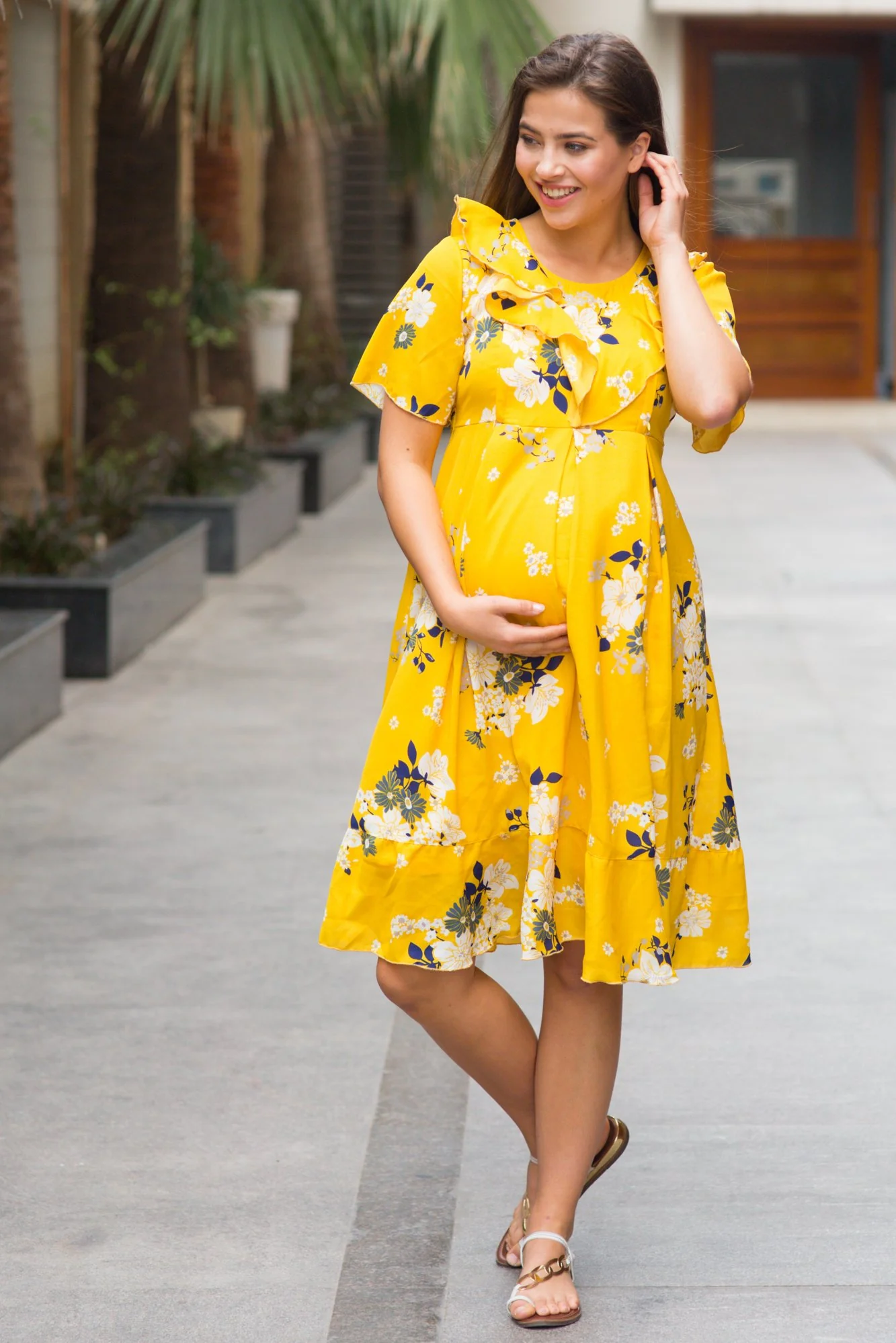 Sunrise Yellow Frill Maternity & Nursing Dress - Chenance